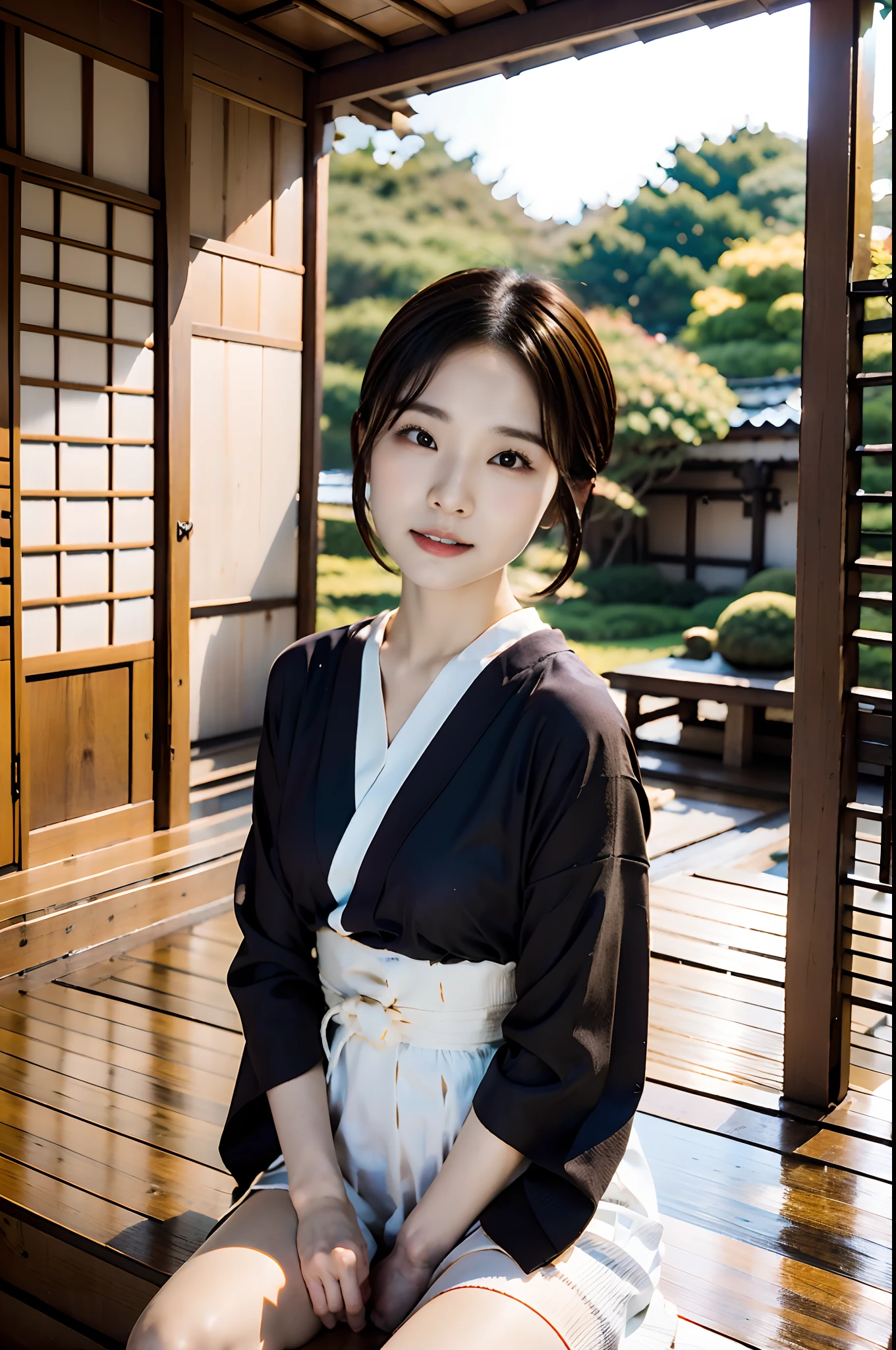 I saw a woman taking a photo with a close-up of an attractive cut,smil,Looking away,Japanese Models, Beautiful Asian Girl, short hair and short bangs,Okappa,2 0 years old female model,top-quality、masutepiece、8k、portlate、((Japan House Porch、Sit on the porch:1.3、Japan garden、Enjoy Japan tea))、Daifuku