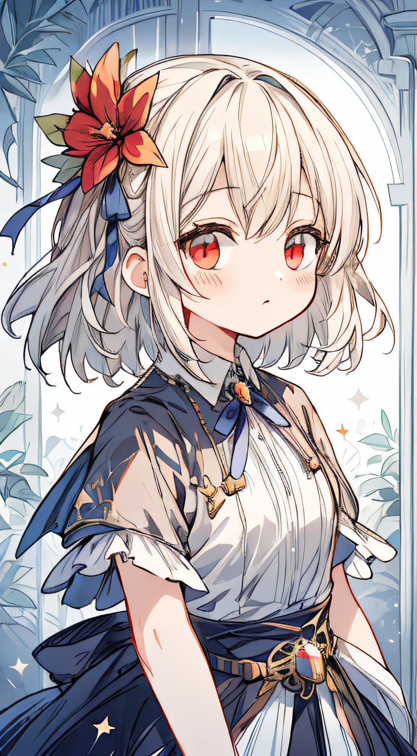 (Masterpiece, Best quality:1.2), illustration, absurderes, A high resolution, Extremely detailed, 1 girls, with short white hair, Red eyes, eyes highlights, dress, puffy short sleeves, frilld, Outdoors, flower, Fluttering petals, Upper body, (Moon:1.2), Night, Depth of field, (:D:0.8),(Black pantyhose)