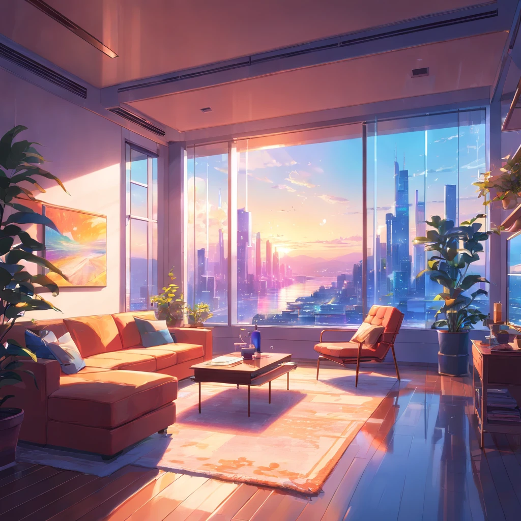 luxurious futurisitic inside neon house living room with glass window
