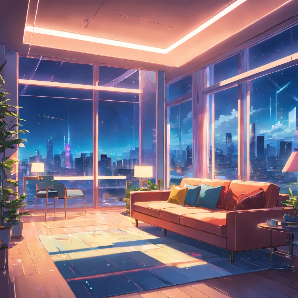 luxurious futurisitic inside neon house living room with glass window