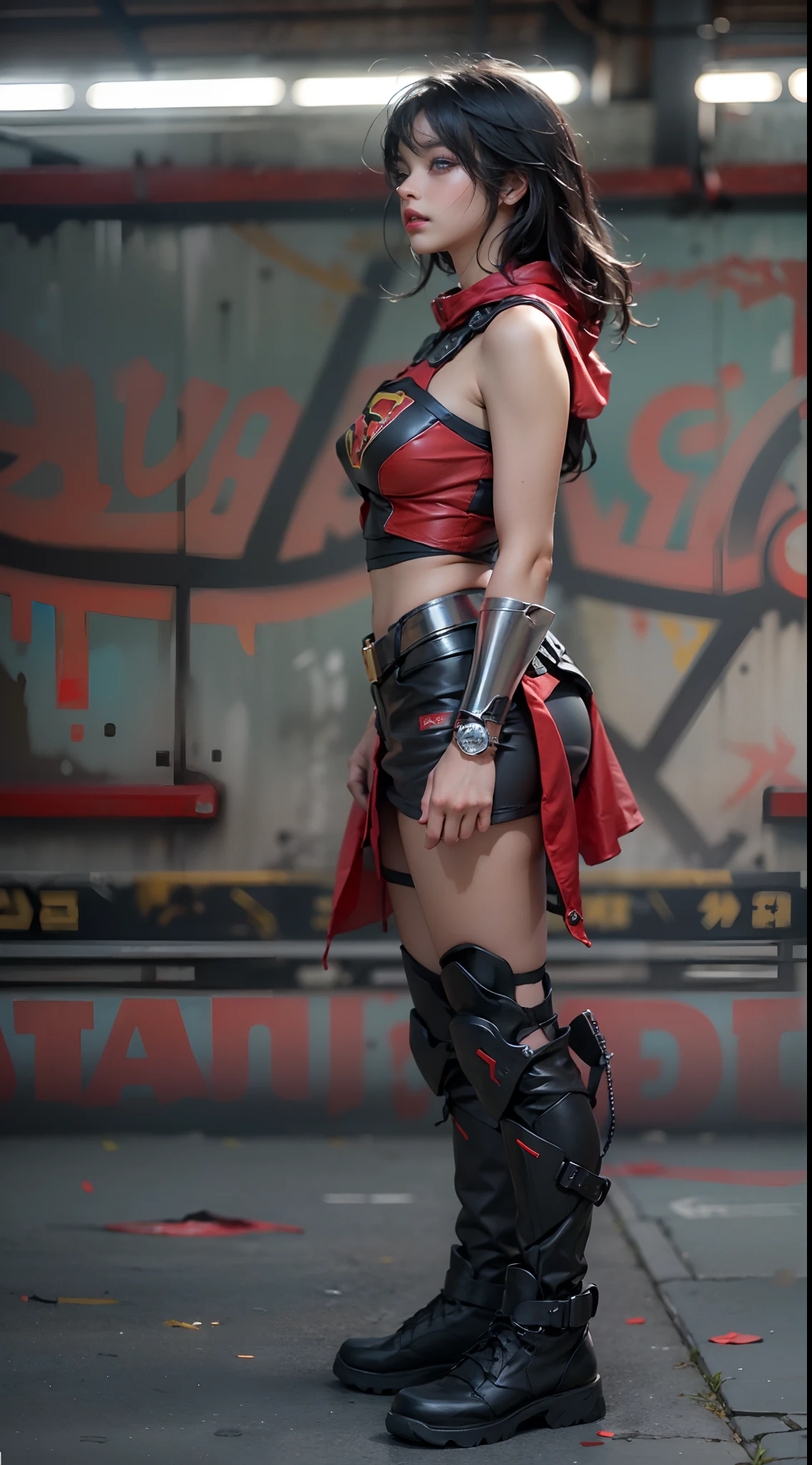 motor irreal:1.4,CG ultra realista 64K, fotorrealista:1.4, textura de la piel:1.4, obra maestra:1.4,Hermosa mujer Usando un disfraz sexy de Supergirl, cabello rubio y rubio, ojos azules, ropa interior Antecedentes detallados, traje de super cyberpunk . caderas anchas,An apocalyptic city of fire, mostrando vientre plano,Minifalda roja, ,hermosas manos finas,