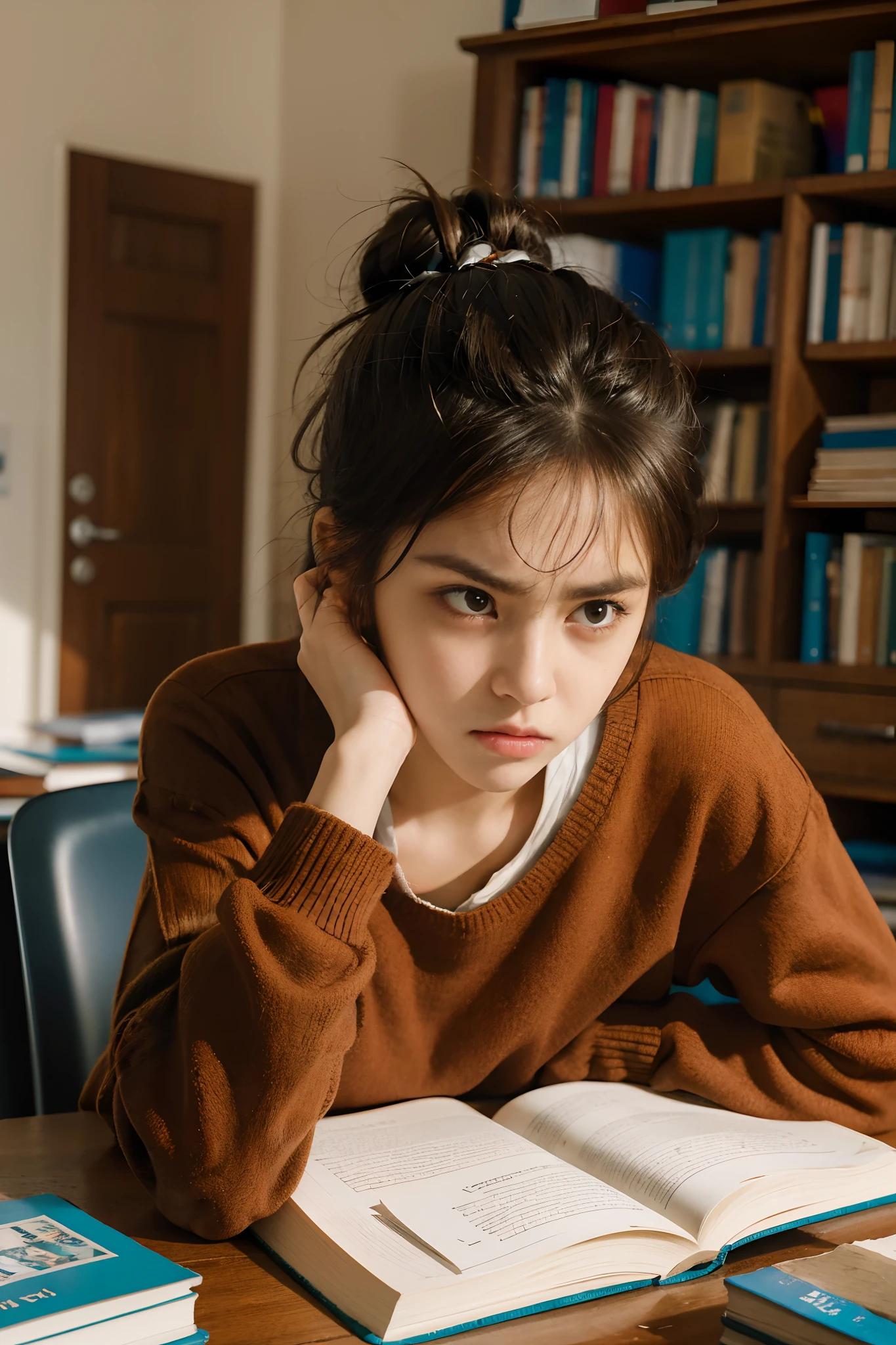 1girl, study room, high school student studying, hair tied, messy bun, books messily placed in the background, masterpiece, 8K, RAW photo, best quality, (angry face:1.4)