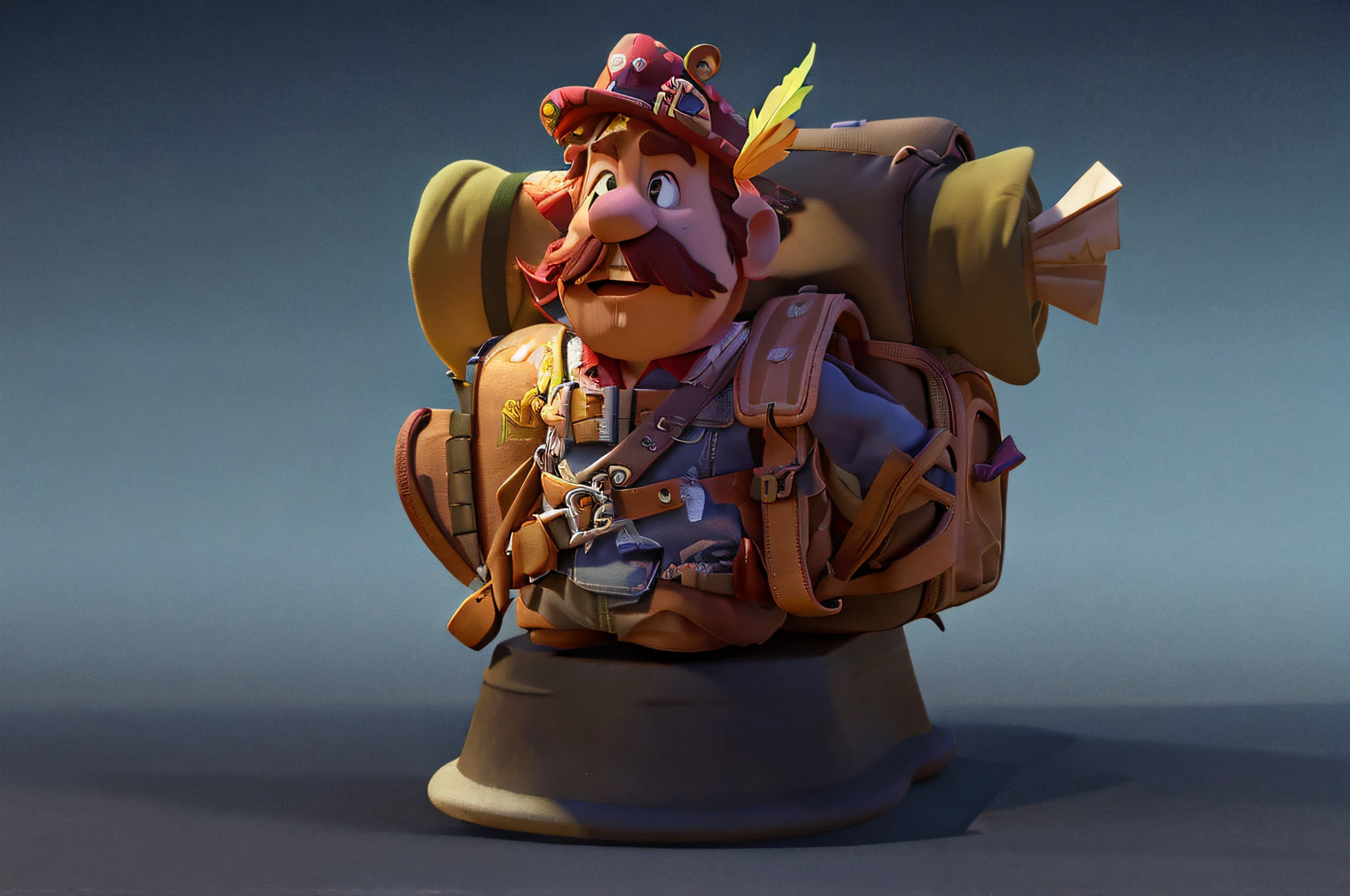 There is a poster,It features a cartoon character wearing a hat and backpack,Male explorer mini cute middle aged man,Walk in the wilderness,Jungle overgrown with flowers,Animation-style rendering,cute 3 d render,Small characters。Unreal Engine5,Stylized anime,Cute and detailed digital art,atey ghailan 8 k,Stylized 3D rendering,adventure hyper realistic render,Anime style 3D,Stylized 3D rendering
