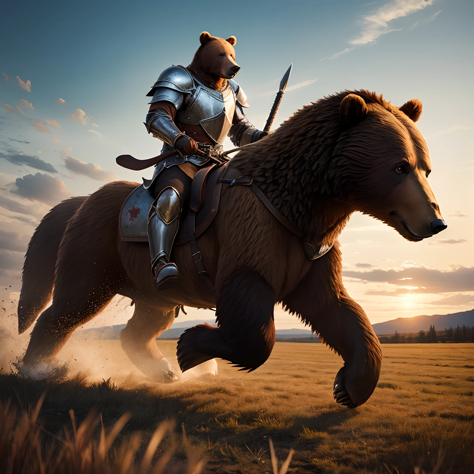 Model
DreamShaper
Brown bear running across the field , His legs are visible , About the bear , ember, dressed in armor with weapons, Sitting on horseback , The legs of a man in stirrups are visible, attached to a bear; ,A man holds on to a bear's neck with one hand , Front light.