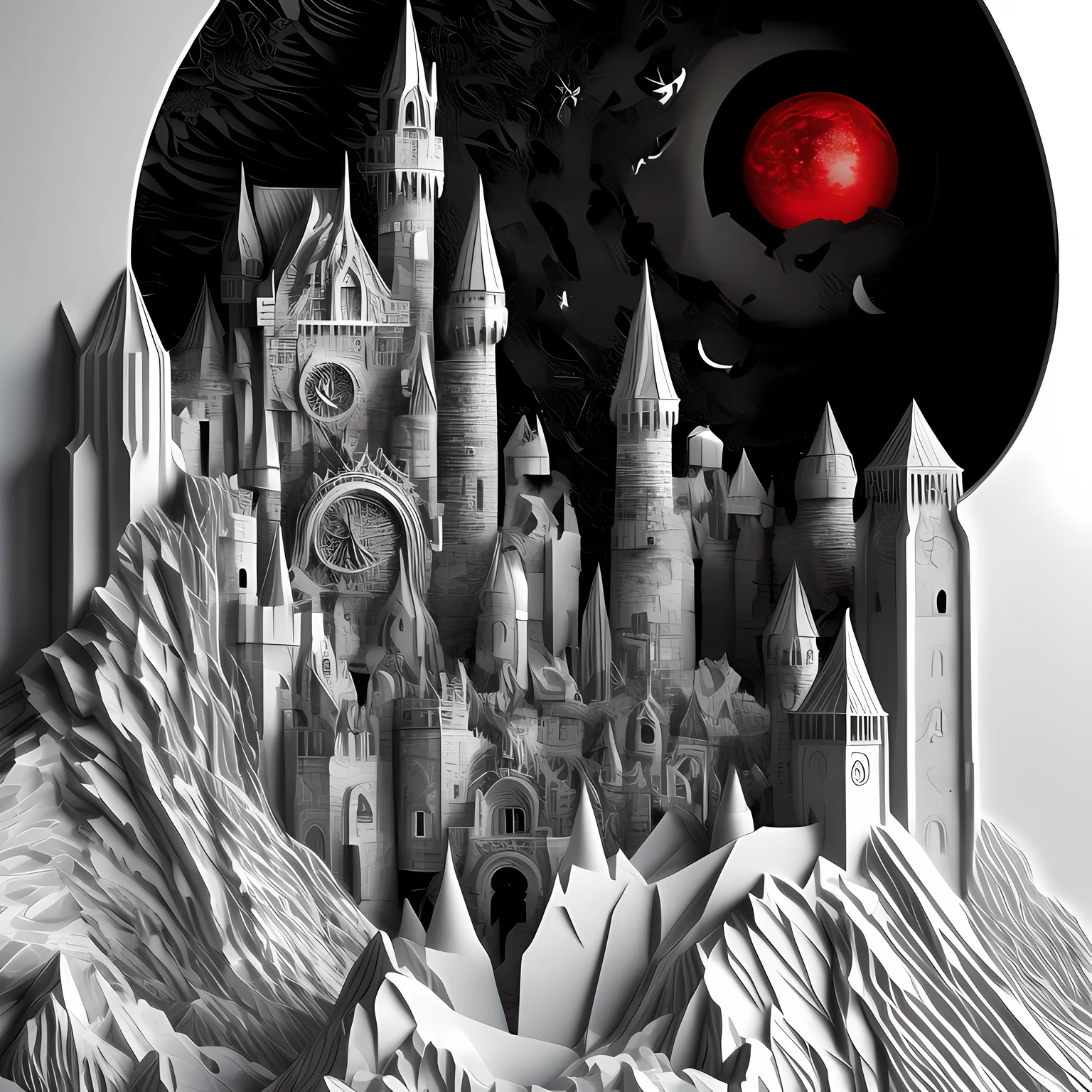 black and white and red scenic picture (paper cut art: 1.5) of a dark vampire castle at night, a masterpiece award winning (paper cut art picture: 1.5), Vampire dark castle at night with towers. turrets, a moat, using only (black: 1.2), (white: 1.2) and (red: 1.2)  colors, moon stars, dynamic angle, moon lightning, dynamic angle, best details, best quality, 16K, [ultra detailed], masterpiece, best quality, (ultra detailed), full body, ultra wide shot, photorealistic