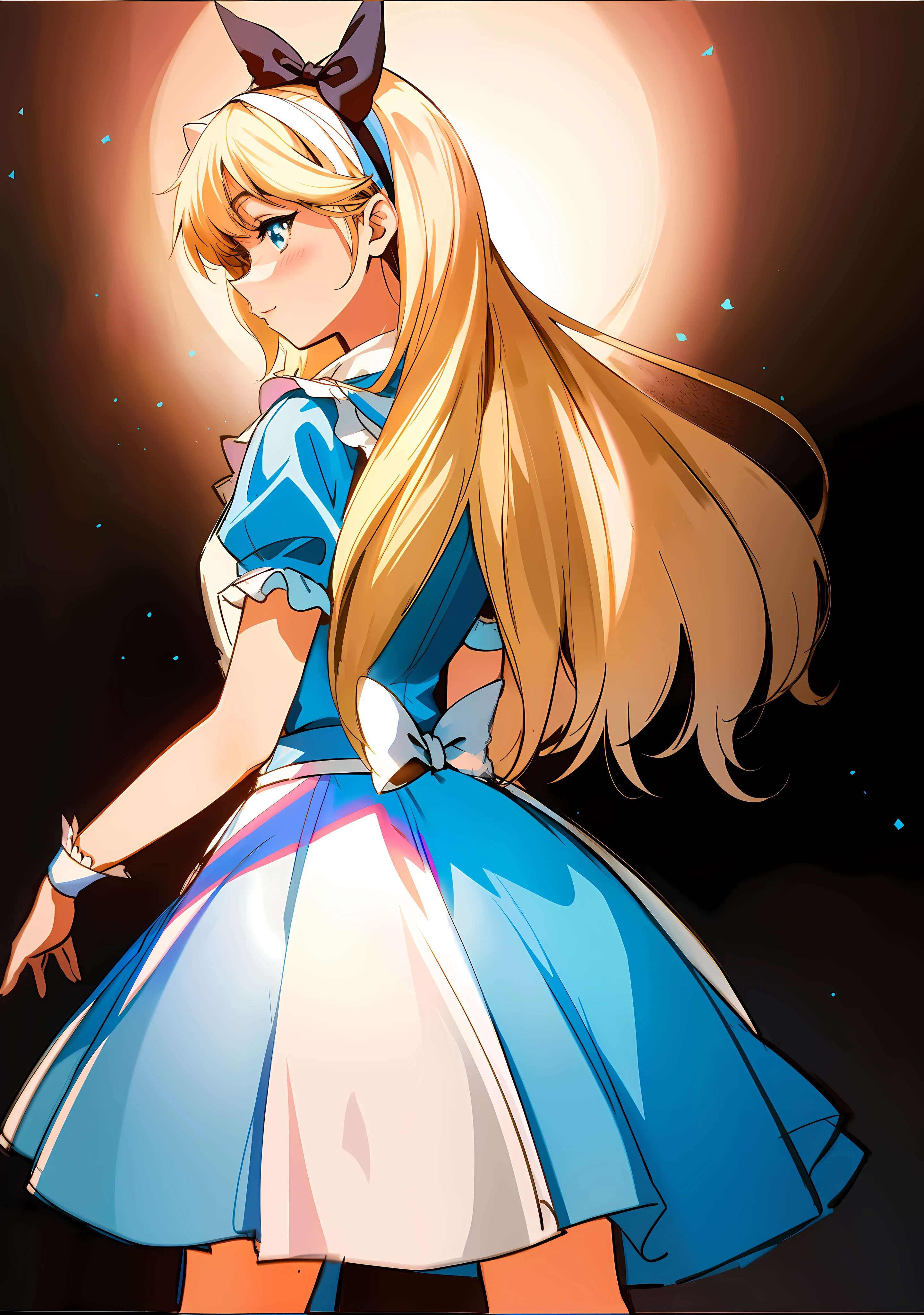 HD picture quality,There is an anime picture,A woman in a blue and white dress, alice, alice from alice in wonder land, Alice, like alice in wonderland, portrait of alice in wonderland, alice in the wonderland, From Alice in Wonderland, alice in the wonderland, Anime princess, giant alice in wonderland, alice in wonderland style, anime illustration