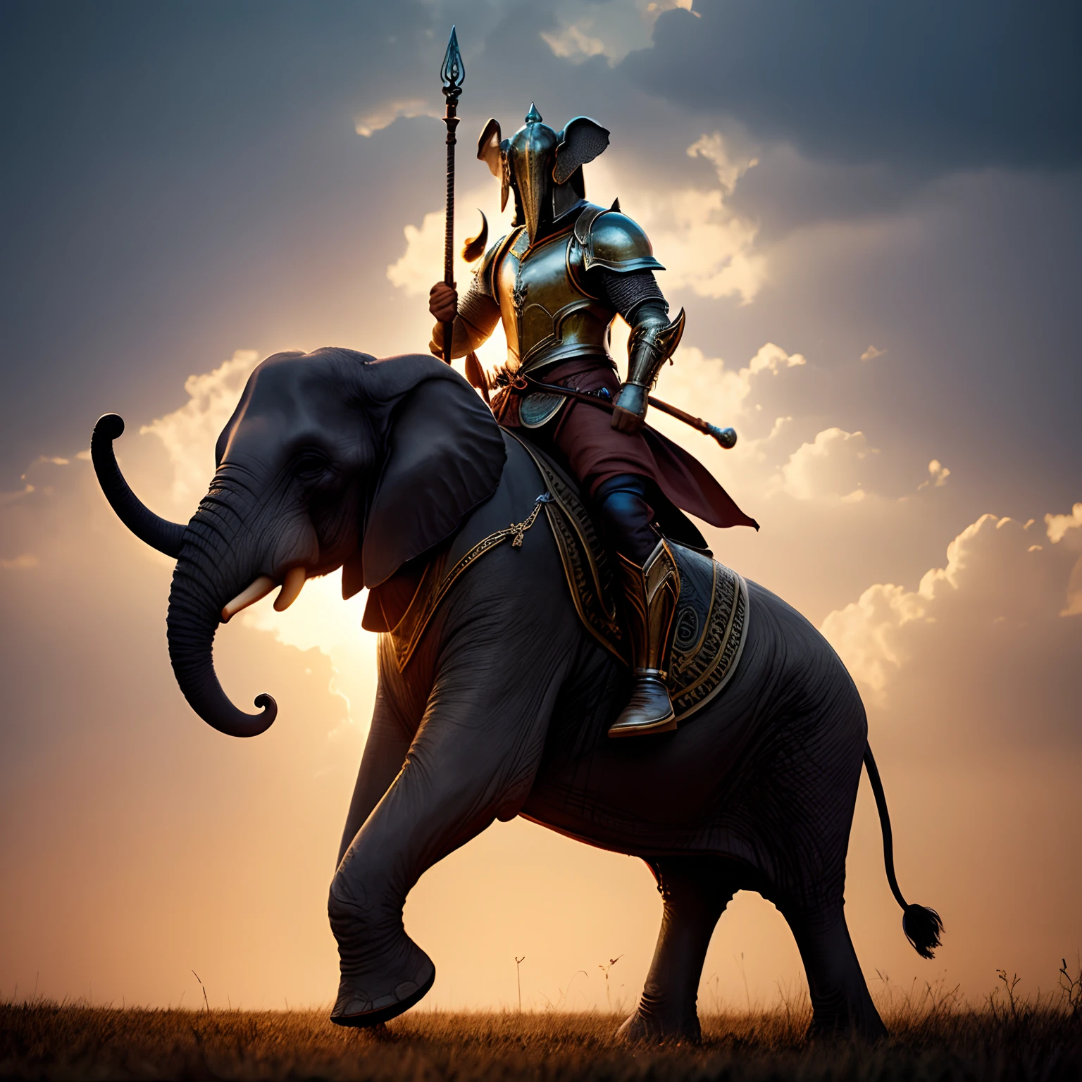 Model DreamShaper Elephant running across the field , His legs are visible , About the elephant , ember, dressed in armor, Sitting astride an elephant , The legs of a man in stirrups are visible, Tied to an elephant ; ,A man holds on to an elephant's neck with one hand , In the other hand, He holds a magic staff above His head , Front light .