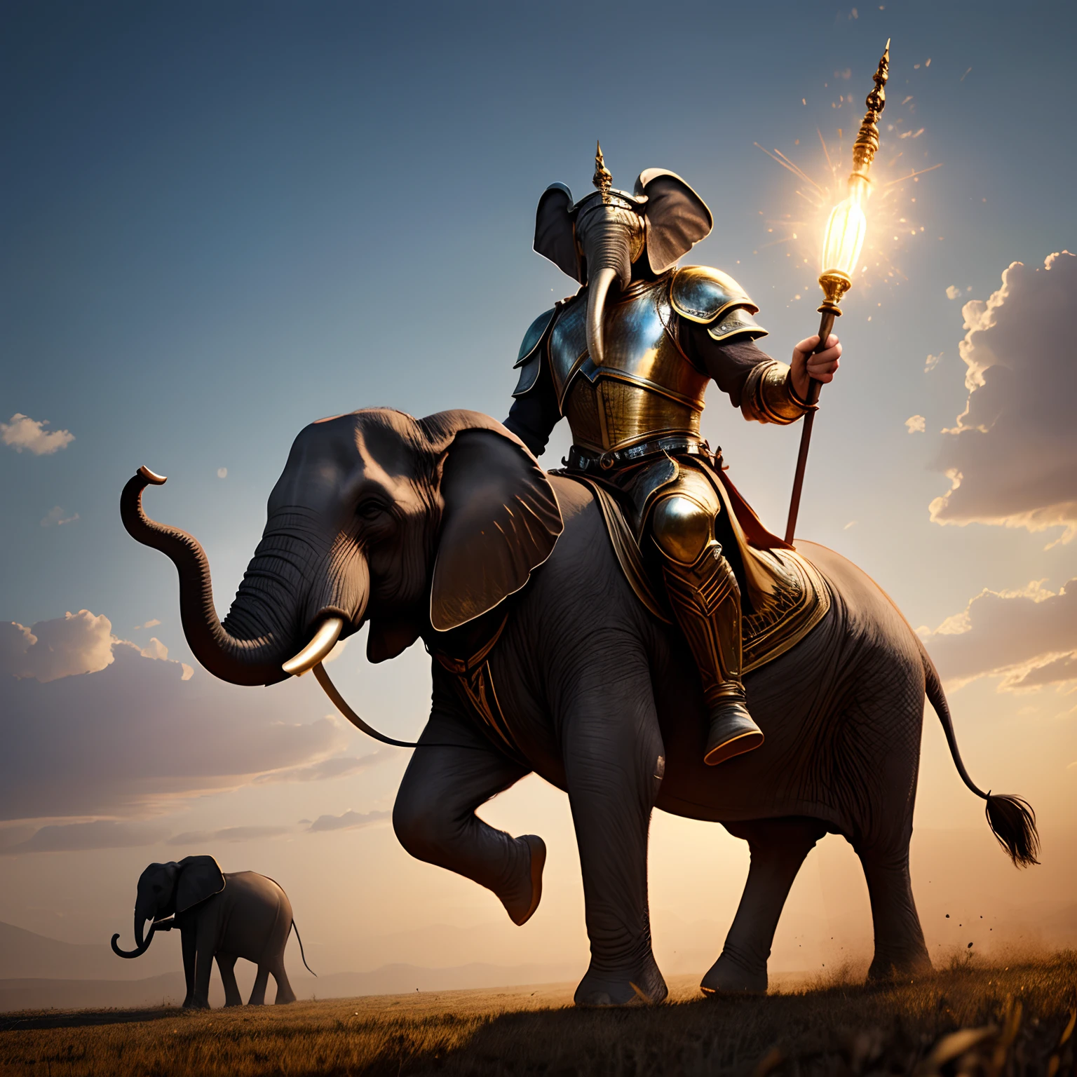 Model DreamShaper Elephant running across the field , His legs are visible , About the elephant , ember, dressed in armor, Sitting astride an elephant , The legs of a man in stirrups are visible, Tied to an elephant ; ,A man holds on to an elephant's neck with one hand , In the other hand, He holds a magic staff above His head , Front light .