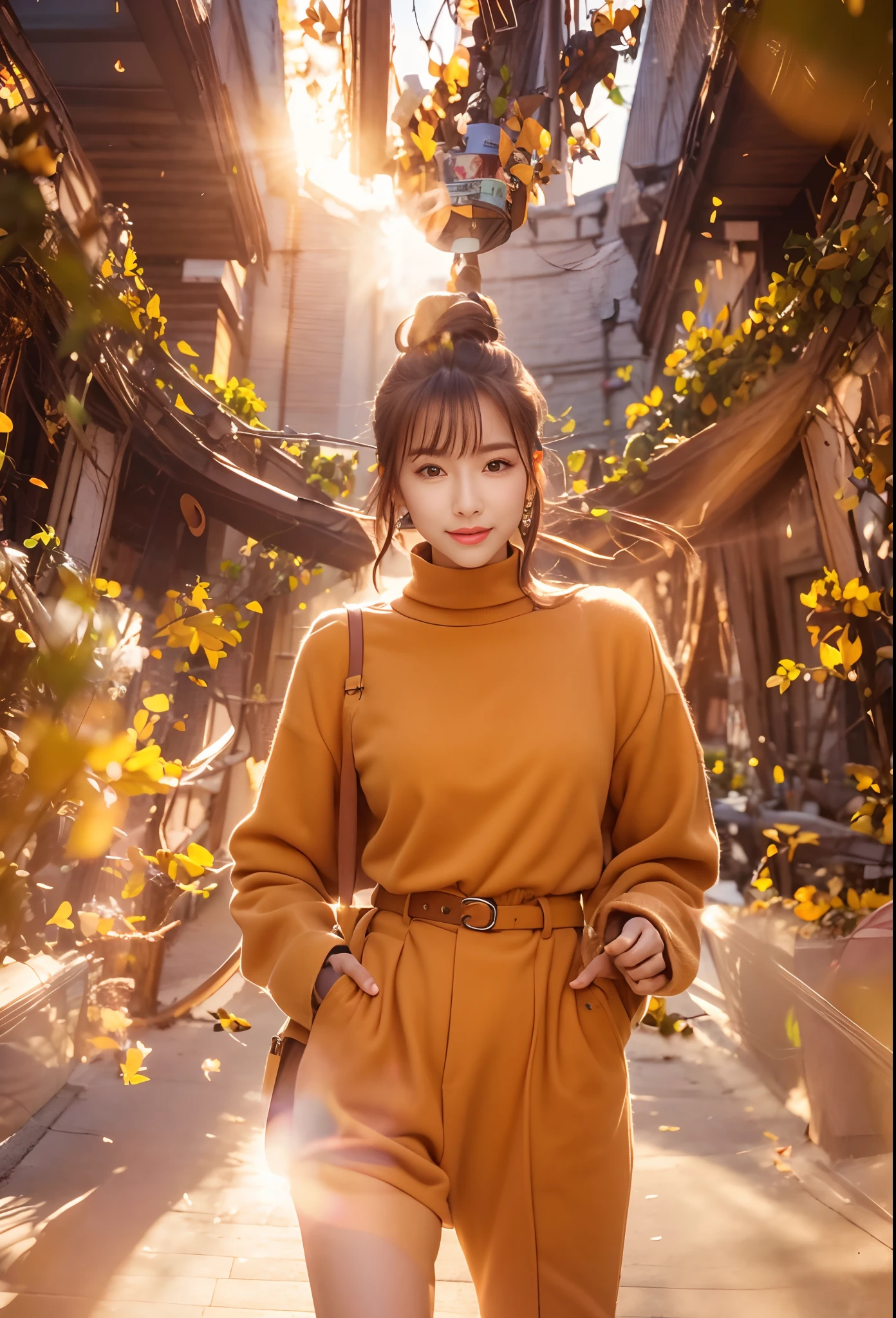 award - winning photo, (Photorealsitic:1.3) High resolution of the highest quality Top image quality hight resolution autumnal Autumn sky tree-lined street Coffee one hand stroll Adult Girls
