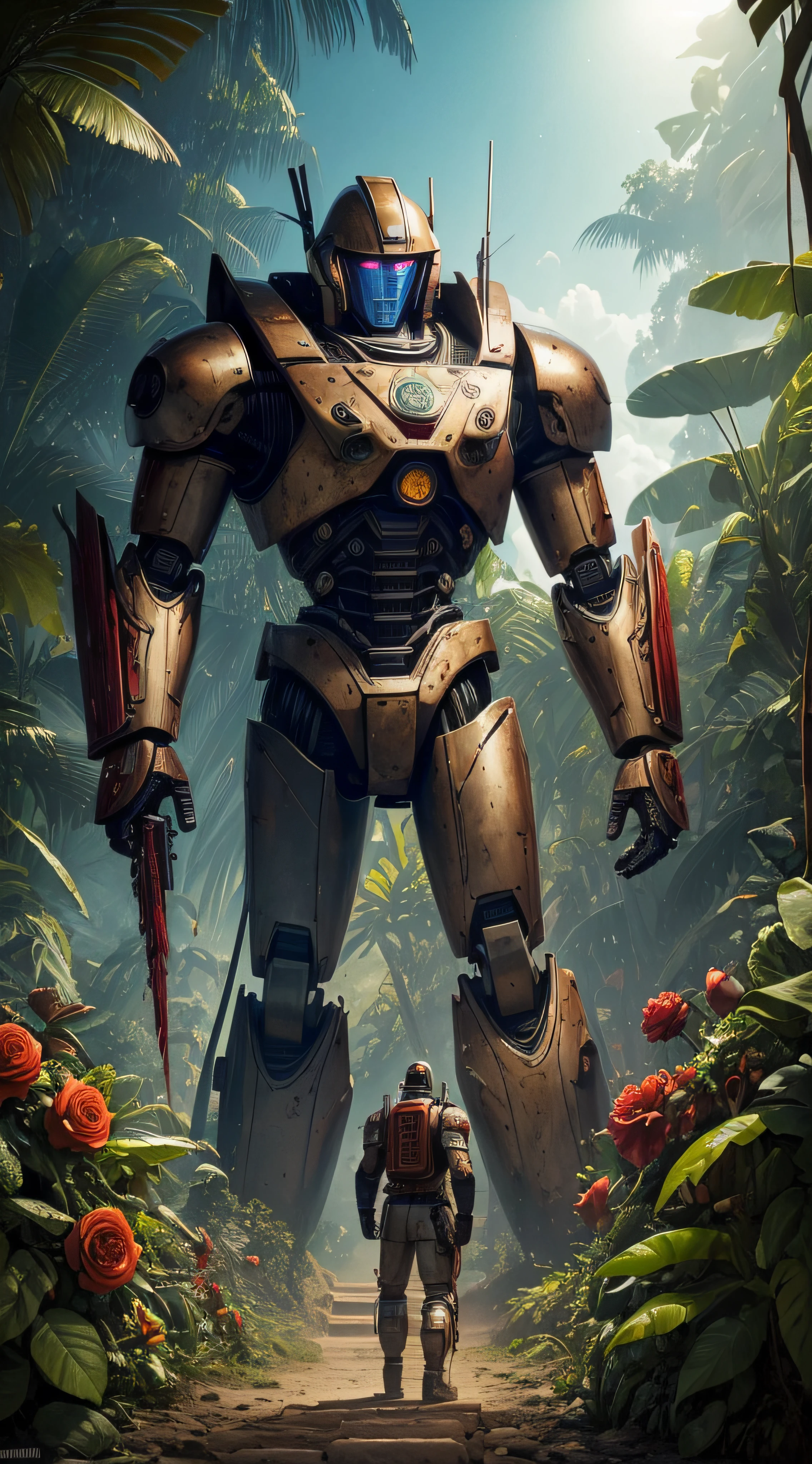 (extremadamente detallado, obra maestra, La mejor calidad, foto antigua, principios de siglo, VHS Aesthetics) Great retro robot with blood in robotic hands. cannons on his back. In the middle of a strange jungle. Vegetables from another dimension. Epic flowers far away, organic trees with meat. Light Volumetric