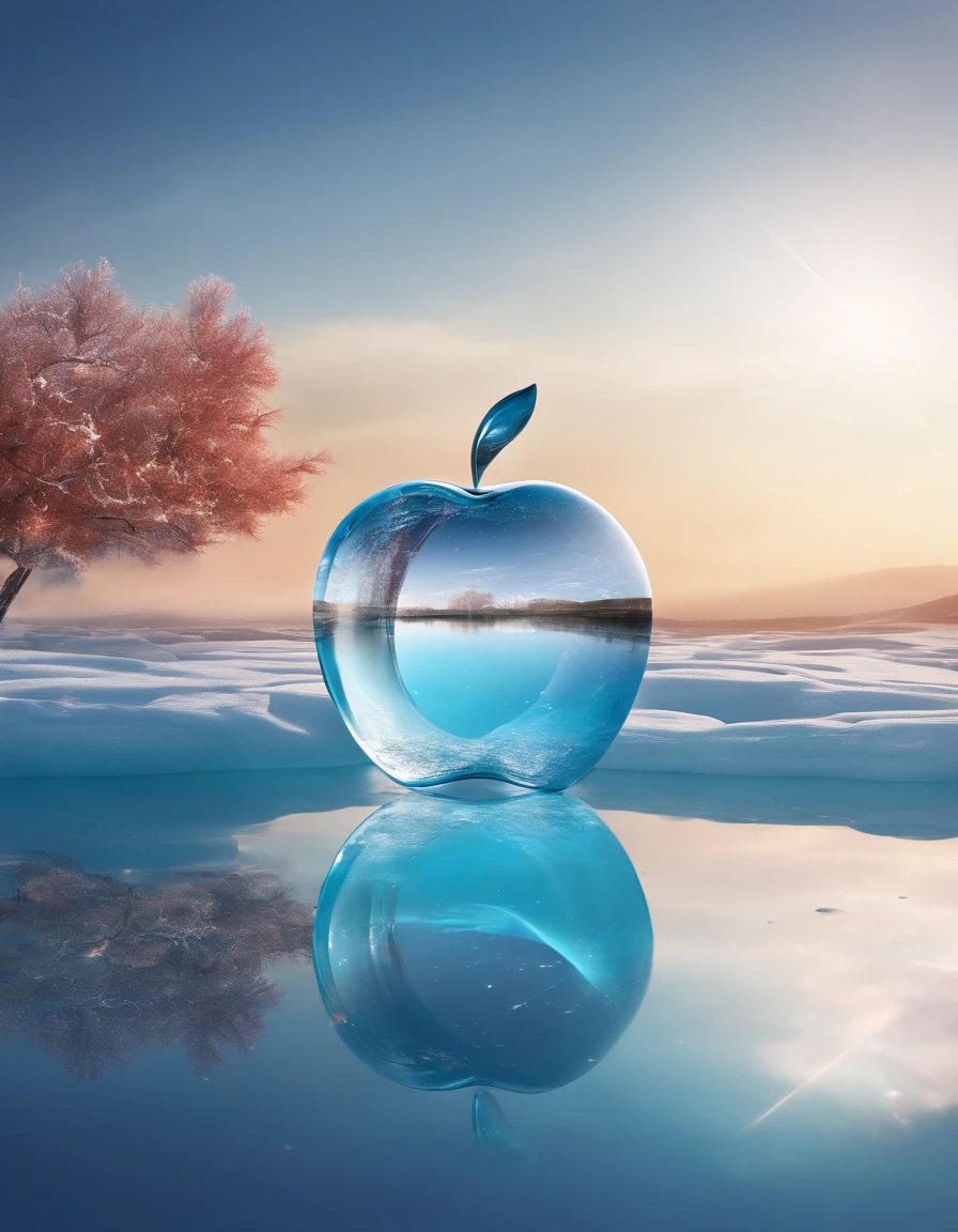 glass transparent apple floating over clear water, winter, blue sky,