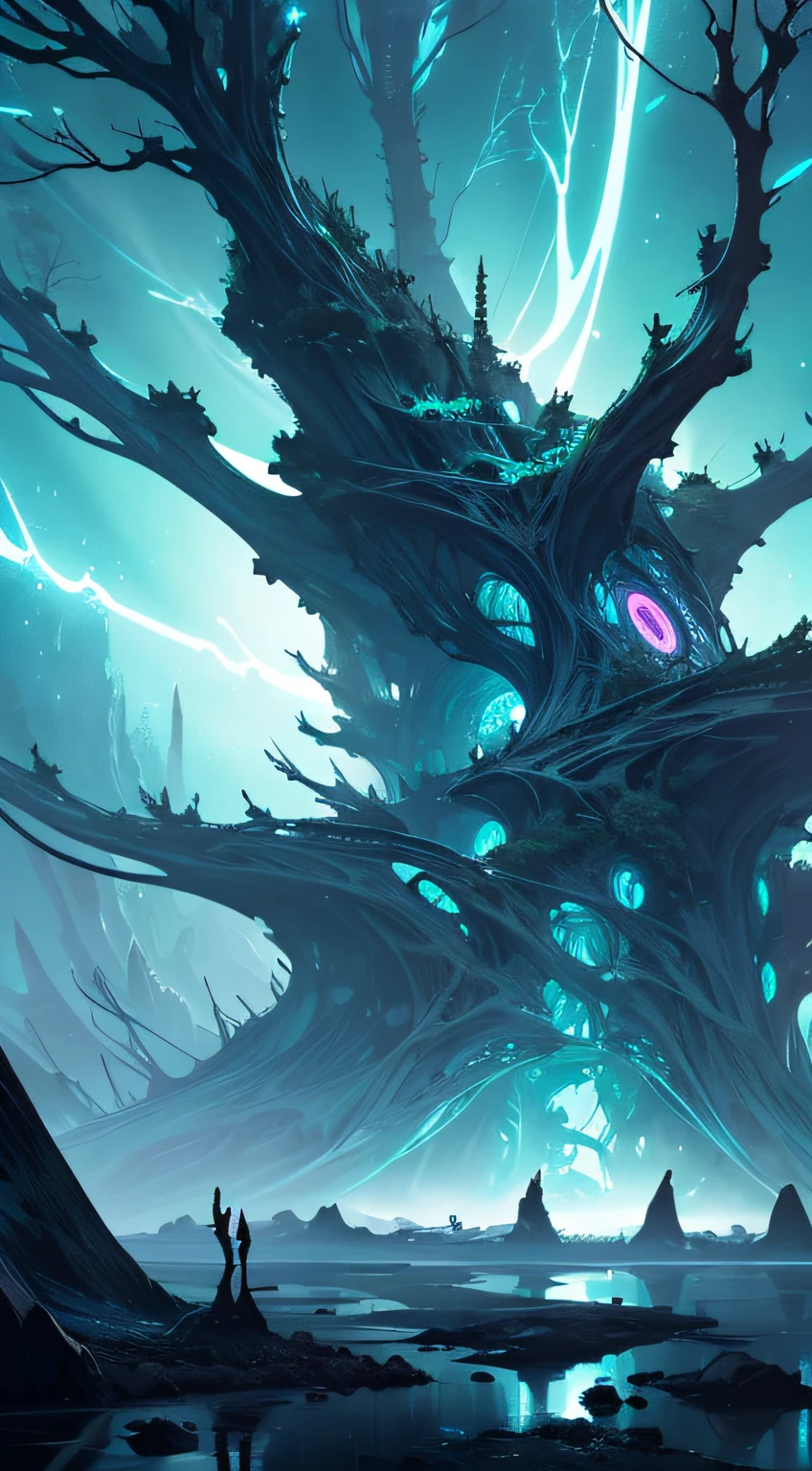 A colossal biomechanical tree stands tall amidst a vast alien landscape, its branches stretching out like twisted tendrils. Radiating soft bioluminescence, it attracts a mesmerizing array of luminescent creatures, casting an eerie glow across the eerily serene scene.