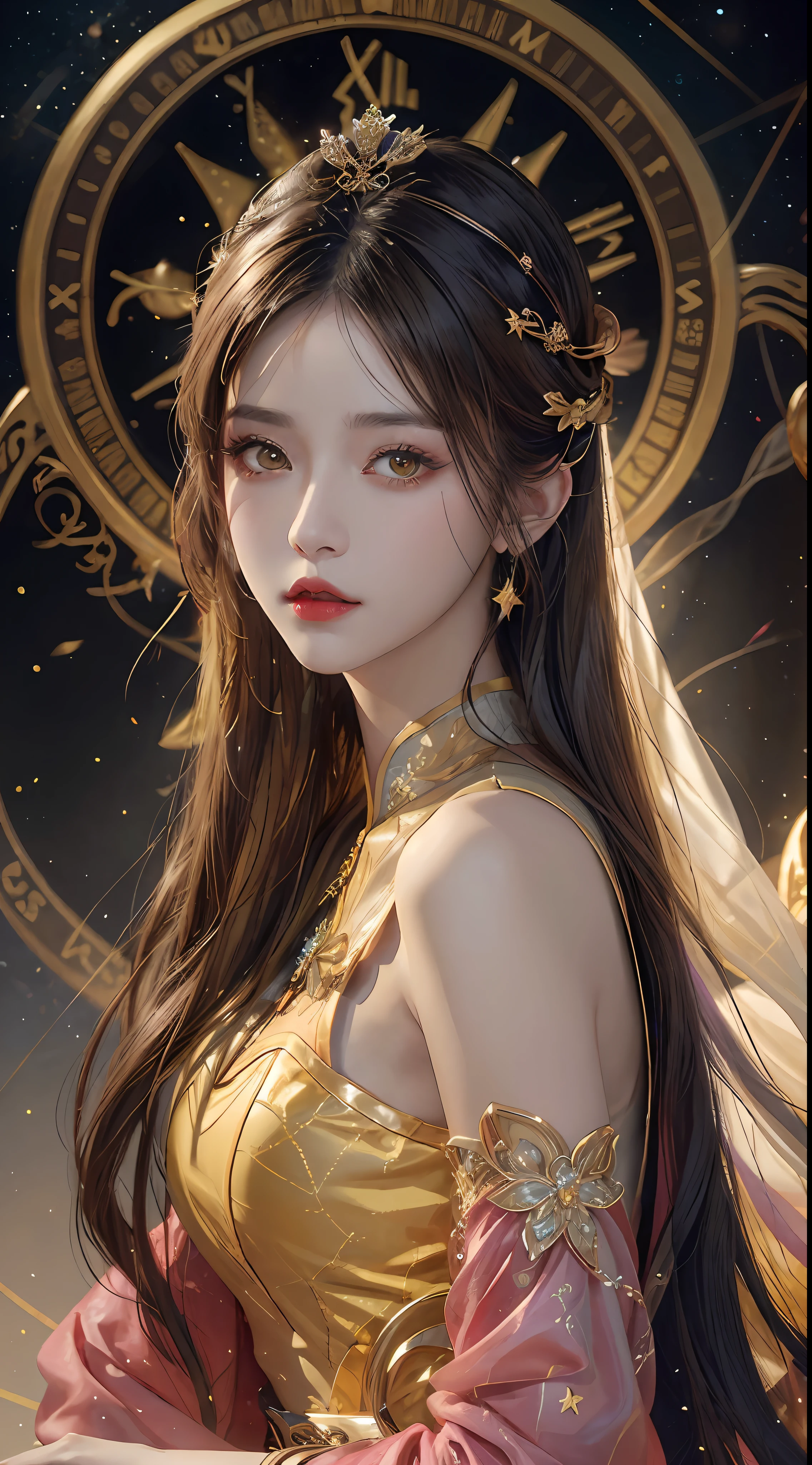 1 27-year-old girl, 1 zodiac goddess from the future, goddess of the pink and purple 12 zodiacs, the goddess of the zodiac in a yellow ao dai, a 12 zodiac ao dai with many black lace detail, mythology Goddess of the 12 zodiacs from the future, zodiac ♏, luxurious glittering zodiac style, dark and mysterious version, zodiac crown, lipstick lips red, thin and beautiful lips, Smile makes viewers fall in love, characters made by karol bak and pino daeni, intricate detail, detailed background, extremely detailed, light magic, a woman, clear face, look at the face of goddess zodialook at the zodiac goddess face, hair long with bangs, beautiful face in detail and well-proportioned eyes, (transparent yellow eyes: 1.8), big round eyes and very beautiful and detailed makeup, foresight, silk dress, mysterious makeup, double bangs and dyed light blonde, uper body, zodiac goddess uper body, arms hanging loosely, Realistic and vivid photo, (stars make up the zodiac: 1.7), (sky background zodiac and fictitious space and time portal: 1.8), fiction art, RAW photo, hanfu picture, best photo, best photo quality, 8k quality, 8k ultra, super realistic, real photo most economical, artistic portrait of goddess zodiac,
