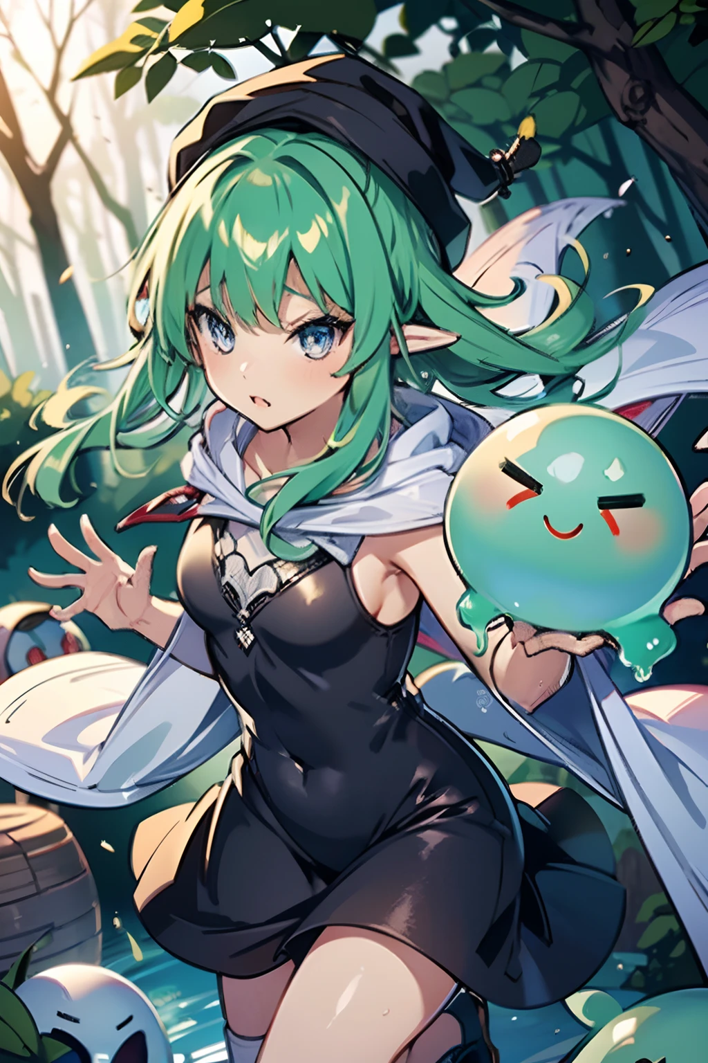 group shot, (3 Chibi SD girls:1.2, wearing fooded robes with delicate accessories), (chibi, trio:1.2), fighting to cute slimes, bravely, with using wood sticks, ((hitting the slime with a wood bar:1.2)), (super high resolution, 8K RAW photo, photo realistics, thin outline, high detailed, clear focus), in a forest, outdoor, funny, dynamic angle, dynamic posing,