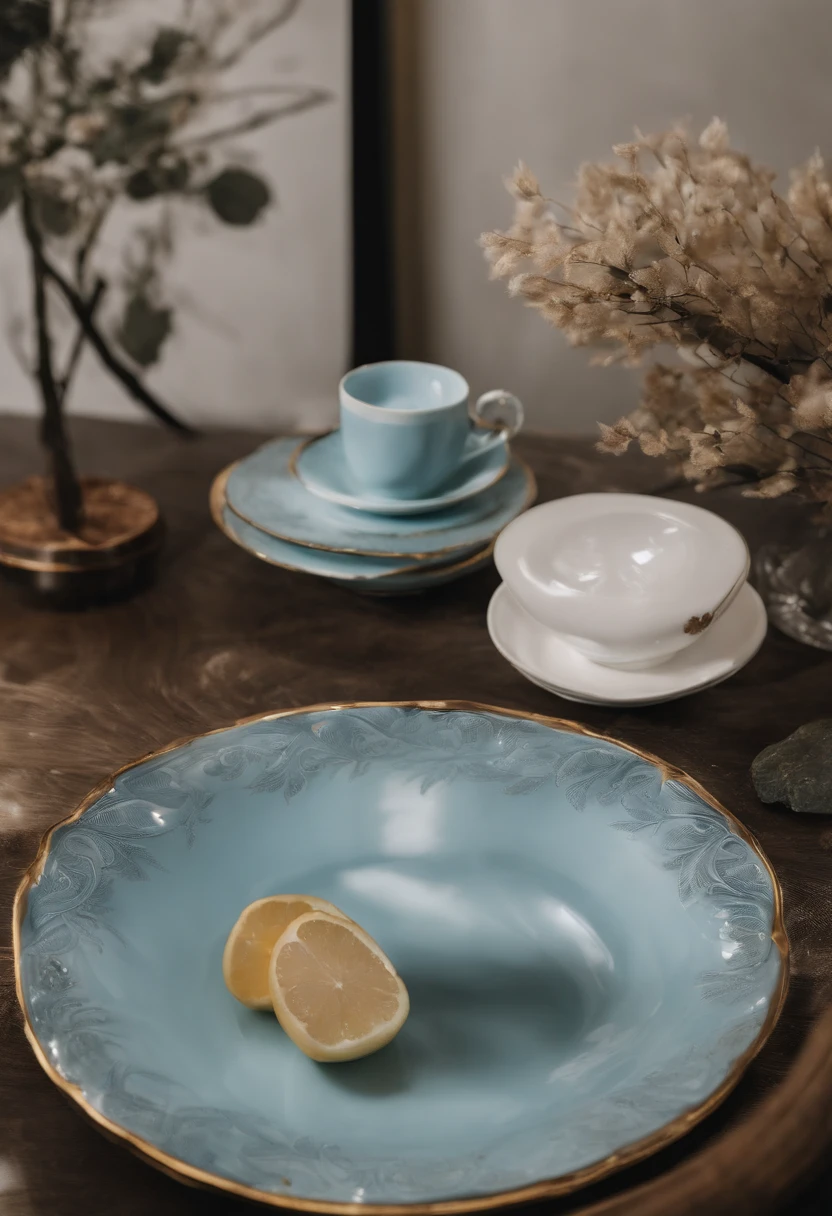 There is a azure Ru porcelain cup,Looming cicada wing ice cracks,Ru porcelain open,Diluted Jumbo porcelain,top views,Best results,artwork of a,best qualtiy,8K,3D,Clear details,Highlight the characteristics of Ru porcelain,top Quority,the detail