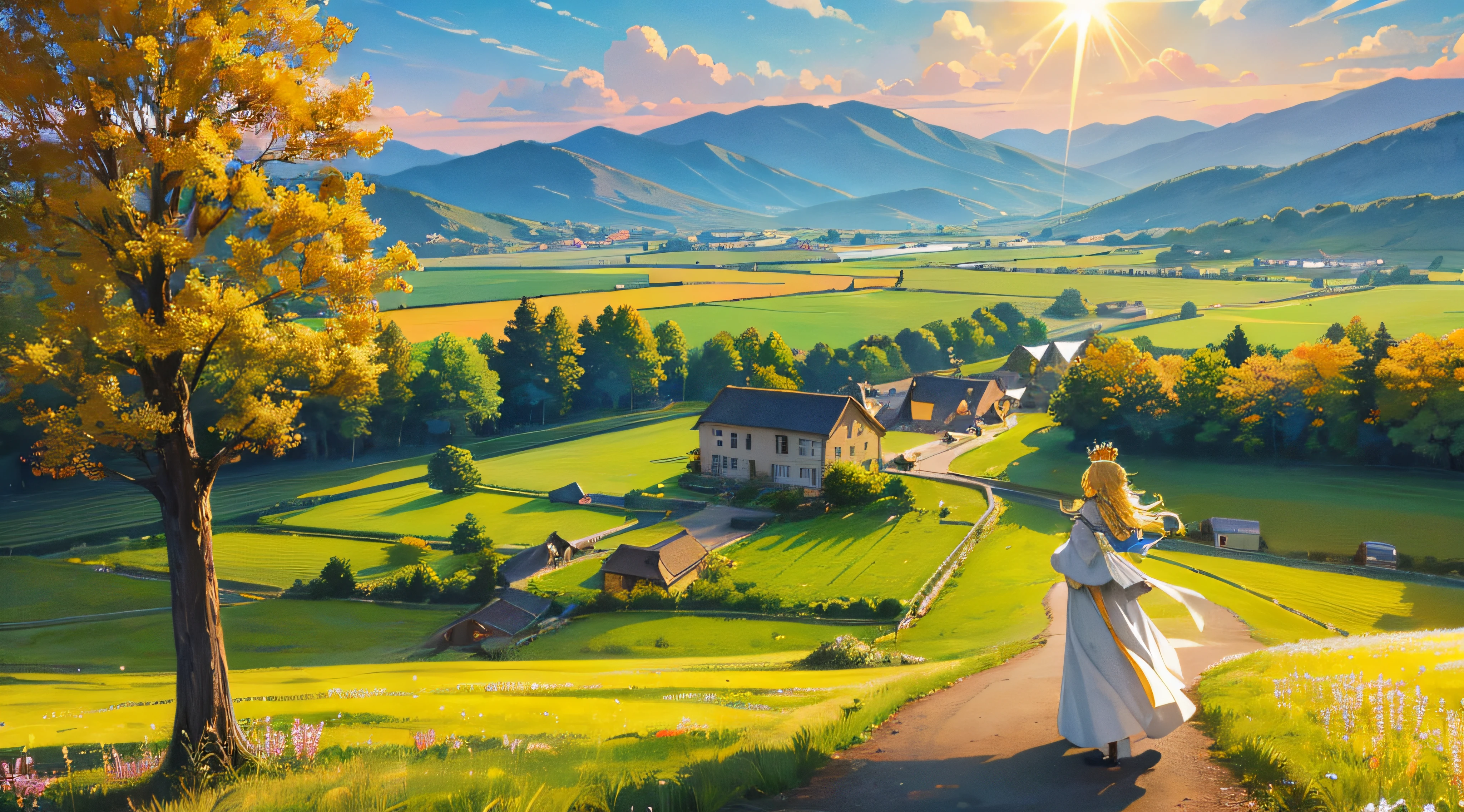 A majestic golden crown radiating light, set against a backdrop of a sunlit kingdom with vibrant fields and bustling villages