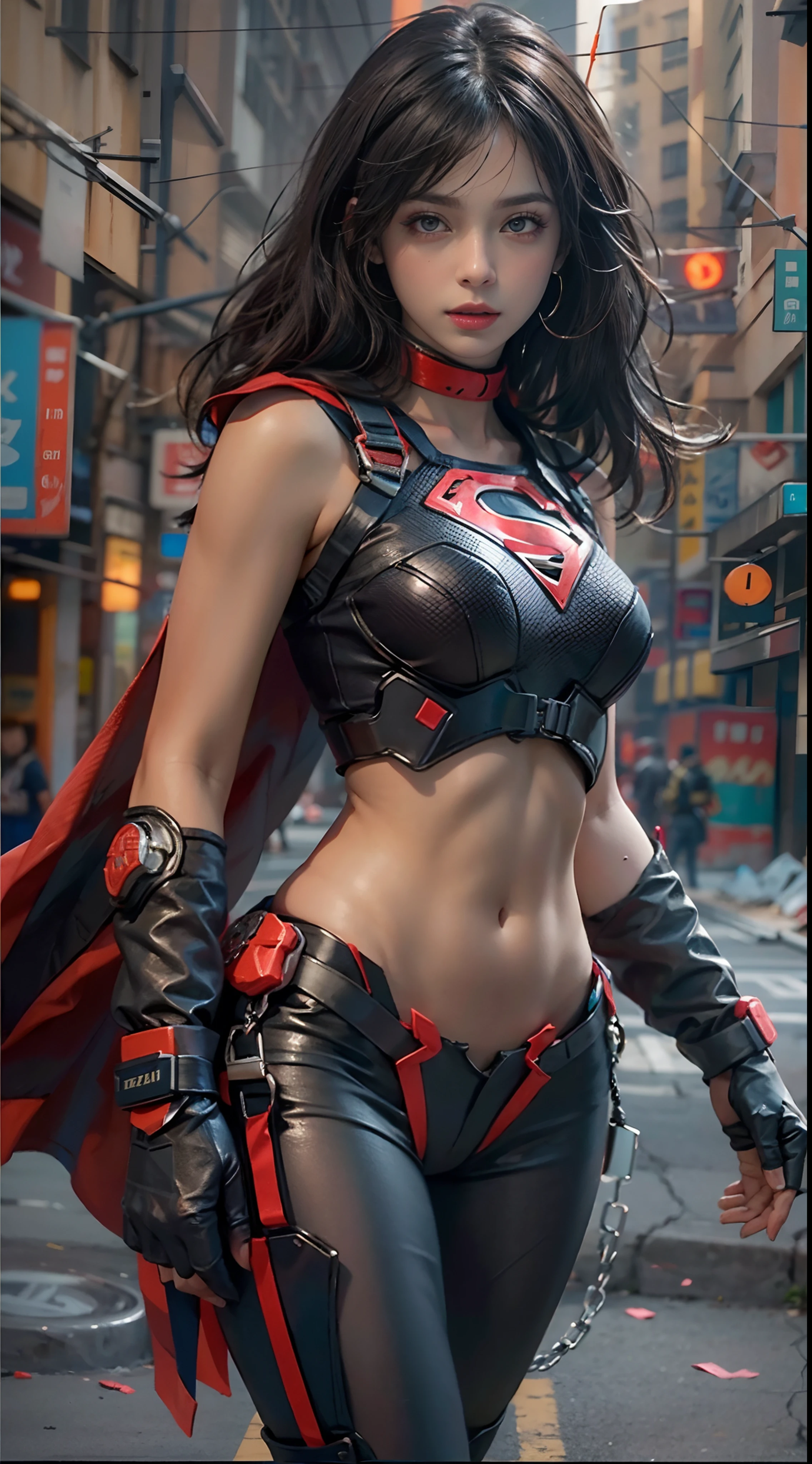 Beautiful woman short hair defined body big breasts, wearing Supergirl cosplay
