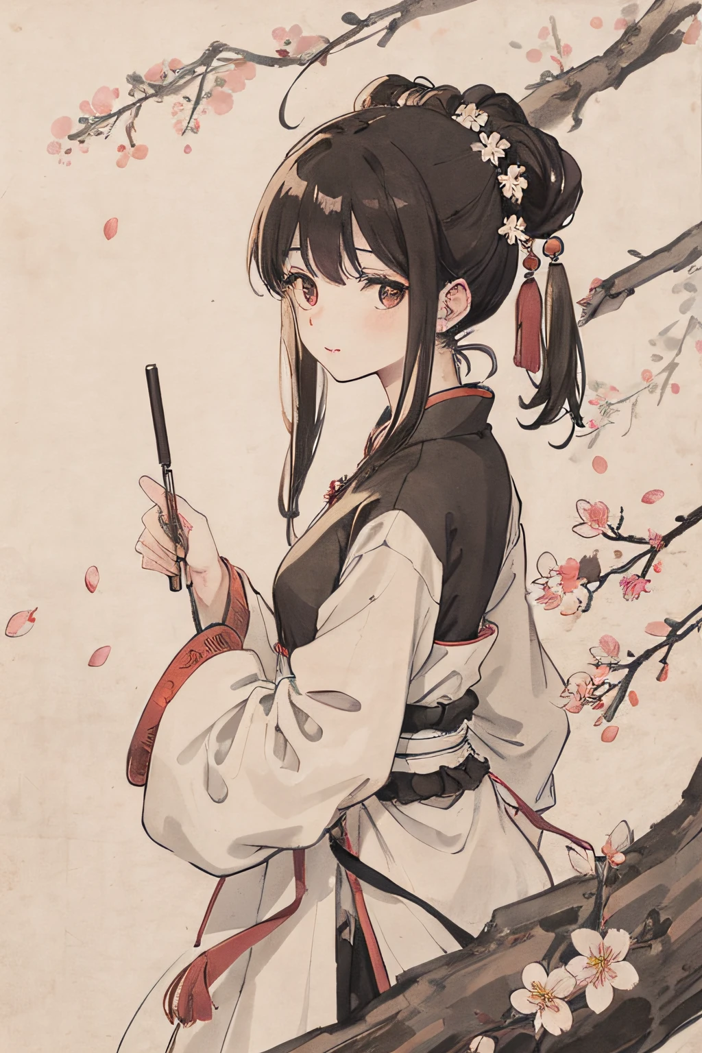 (tmasterpiece,best qualtiy:1.2),Tradition Chinese Ink Painting,Girl holding cherry blossoms in autumn
