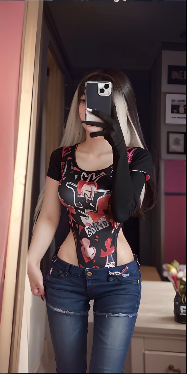 Alapi girl taking a selfie in mirror with her phone, tightsuit, y 2 k cutecore clowncore, Korean girl, Middle Metaverse, Open V chest clothes, cute top, cutecore, thin bodysuit, photo of slim girl, photo of slim girl model, kawaii shirt and jeans, tight costume, Tight shirt