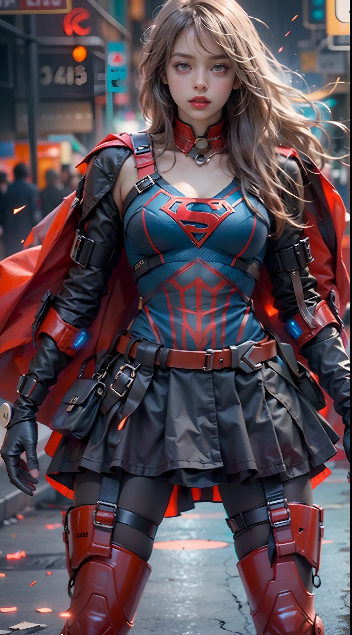 motor irreal:1.4,CG ultra realista 64K, fotorrealista:1.4, textura de la piel:1.4, obra maestra:1.4,Hermosa mujer Usando un disfraz sexy de Supergirl, cabello rubio y rubio, ojos azules, ropa interior Antecedentes detallados, traje de super cyberpunk . caderas anchas,An apocalyptic city of fire, mostrando vientre plano,Minifalda roja, ,hermosas manos finas,