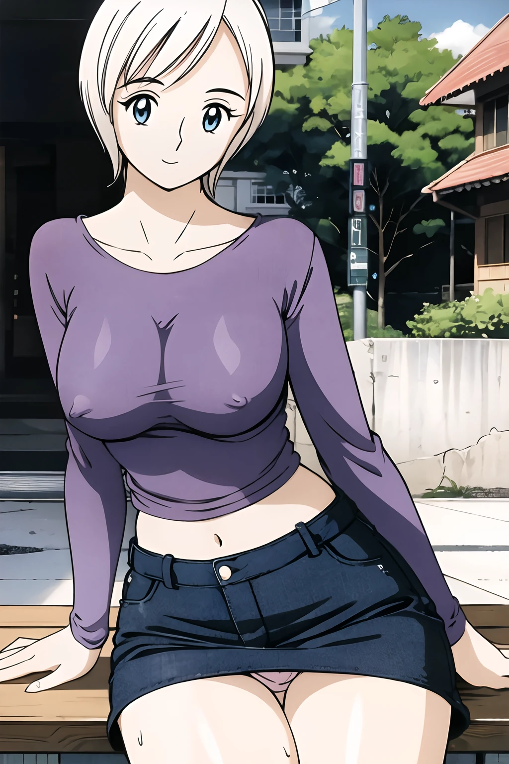 masterpiece,best quality,1girl, solo, Suzune, pixie cut, gray hair, uzaki_kana's clothes, blue jacket, black shirt, grey skirt, evil smile, teeth mouth, book, sitting,outdoors, spread her legs wide, crotchless panty, pulled shirt, showed bra, see-through sexy tight brassiere, lift up skirt to show panties, sitting on a bench whith a dildo inserted, dildo pussy inserted, nipples, erect nipples, covered nipples, pussy, pussy juice, uncensored,