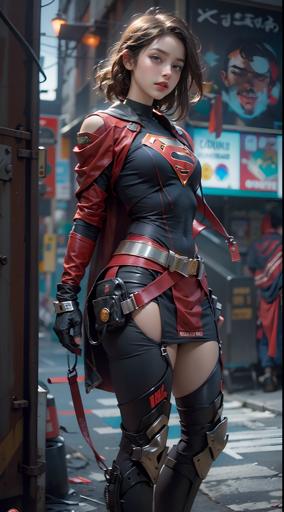 motor irreal:1.4,CG ultra realista 64K, fotorrealista:1.4, textura de la piel:1.4, obra maestra:1.4,Hermosa mujer Usando un disfraz sexy de Supergirl, cabello rubio y rubio, ojos azules, ropa interior Antecedentes detallados, traje de super cyberpunk . caderas anchas,An apocalyptic city of fire, mostrando vientre plano,Minifalda roja, ,hermosas manos finas,