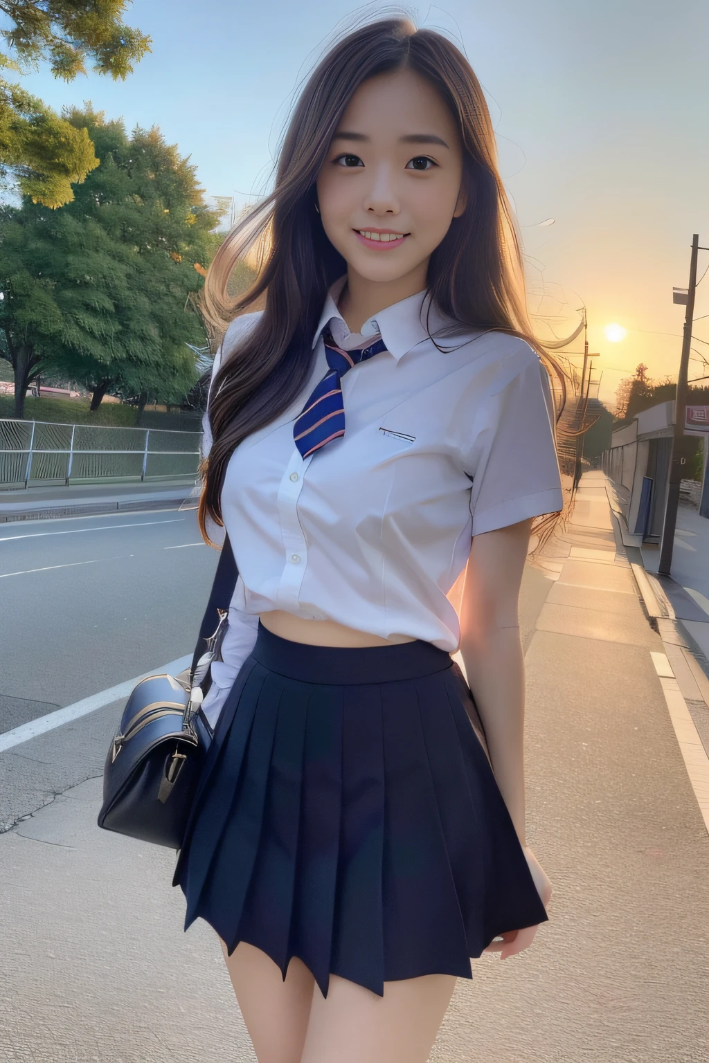 (Raw foto、​masterpiece、top-quality、Hi-Res)、Cute Japan person、Walking、be shy、Shyness、18year old、One Woman、attractive bodies、Colossal tits:1.4、Long wavy hair、High School School Uniform、thighs thighs thighs thighs、White socks、open-shirt、Tight shirt、Sheer shirt、happy mood、serafuku、Very short skirt、School bag、lowfers、pavement、A city scape、Fluttering skirt、Fluttering hair、panties on、embarrassed from、(perfect anatomia、Beautiful limbs、Healthy body,Beautiful skin)、early evening、sunset glow、Professional、