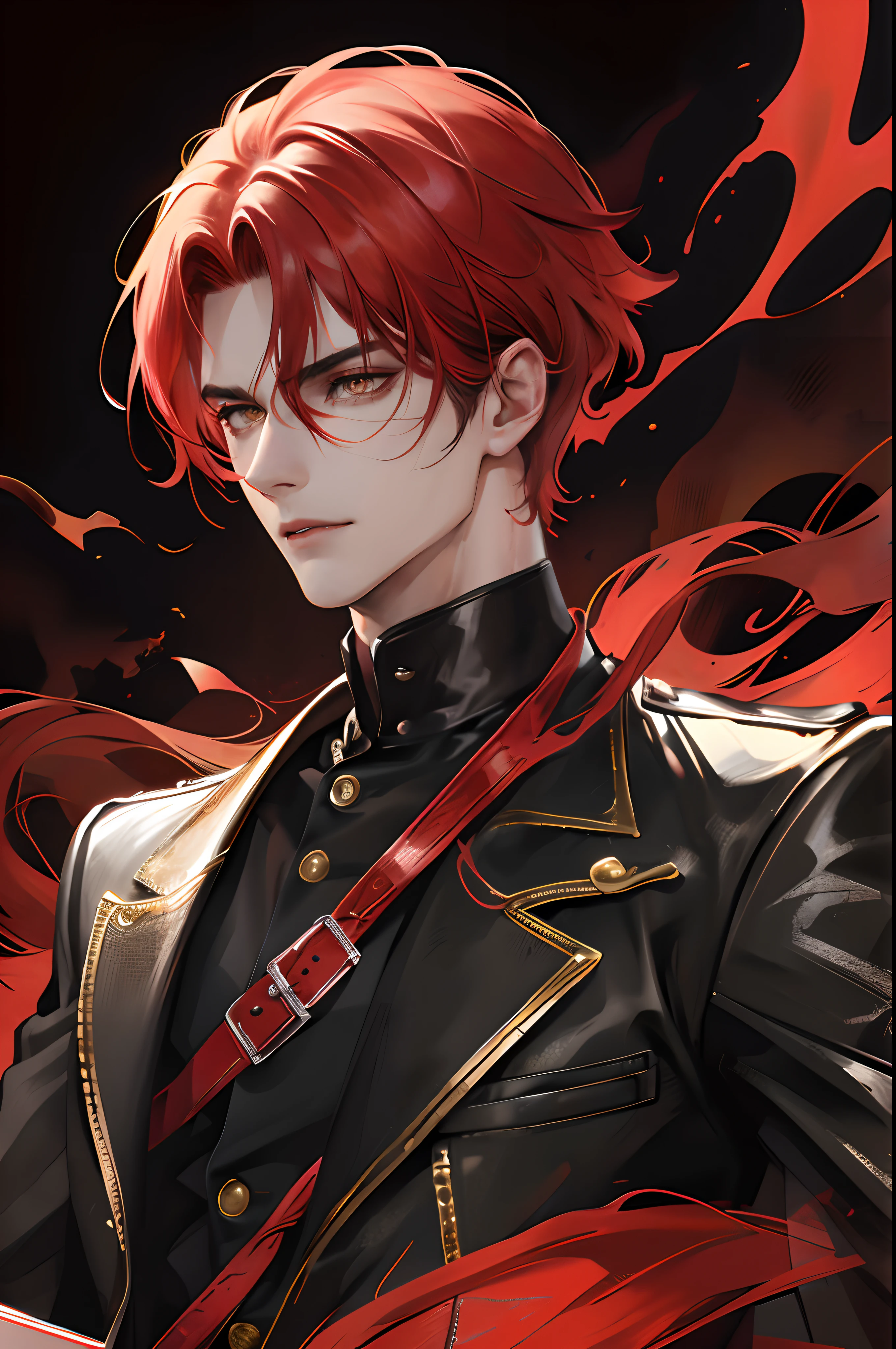 cover for a book, photography of a demon sexy man, a solo man, (((man))), (masculine face), 25 years old, demon, bad boy, (gold eyes), expressive look, red fire hair, (((dark background))), shine hair, unshaven, black suit, long sleve jacket, super detailed face, perfect body, perfect shapes, realistic image, award winning photography, 8k,