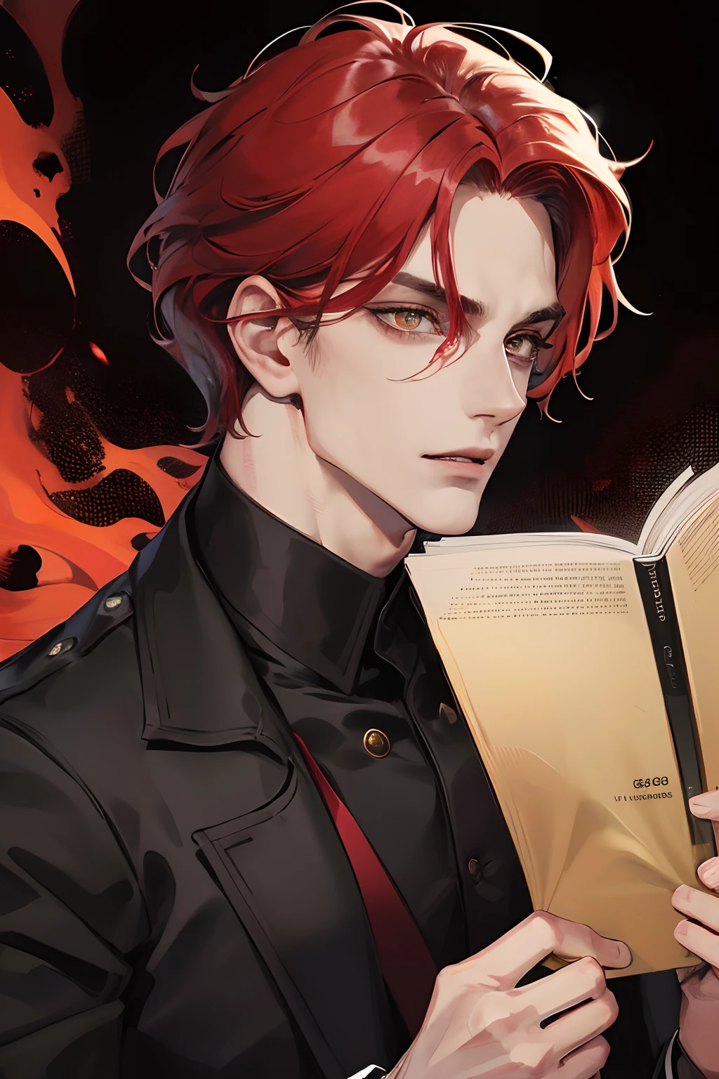 cover for a book, photography of a demon sexy man, a solo man, (((man))), (masculine face), 35 years old, demon, bad boy, (gold eyes), expressive look, red fire hair, (((dark background))), shine hair, unshaven, black suit, long sleve jacket, super detailed face, perfect body, perfect shapes, realistic image, award winning photography, 8k, (((perfect shiny eyes)))