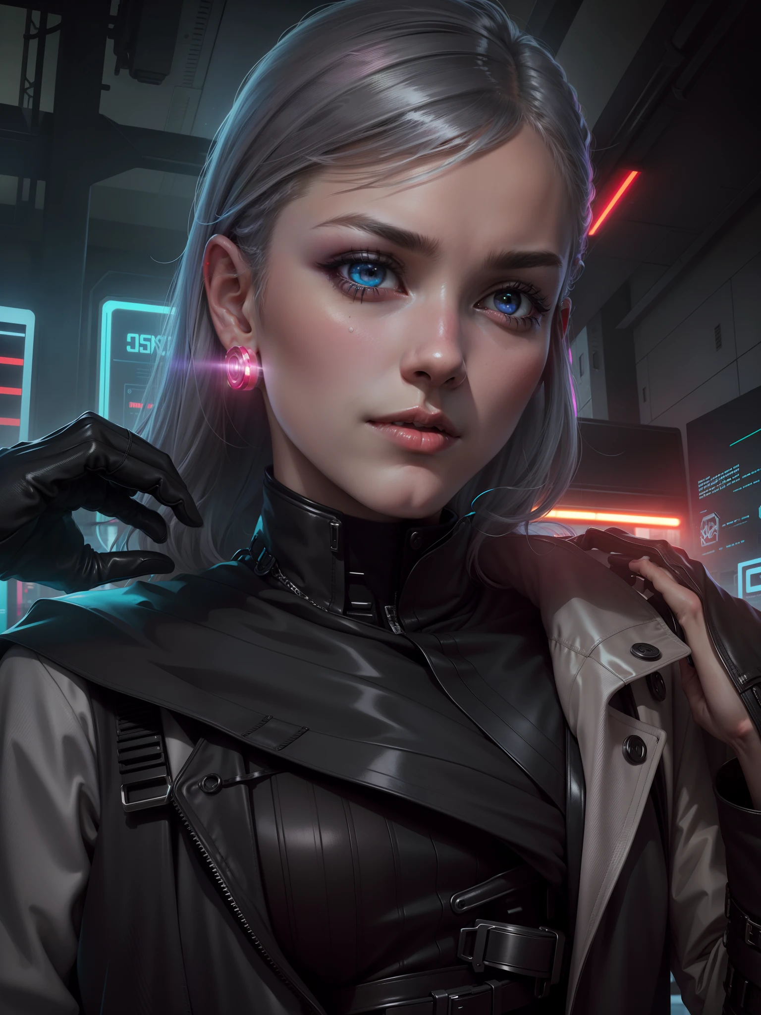 brilliant colorful，Cyberpunk-city，rainbow, gray-haired girl，red pupils，high - tech，realistic，There were hurried crowds on both sides，The girl is wearing a black trench coat, the girl stand in the middle