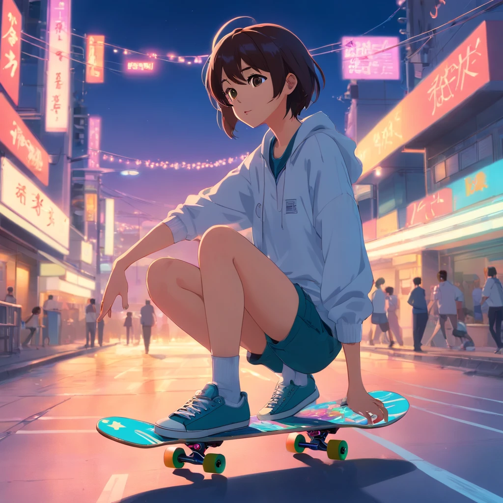 tmasterpiece, melhor qualidade, FilmStill, skateboard invertido, neon color