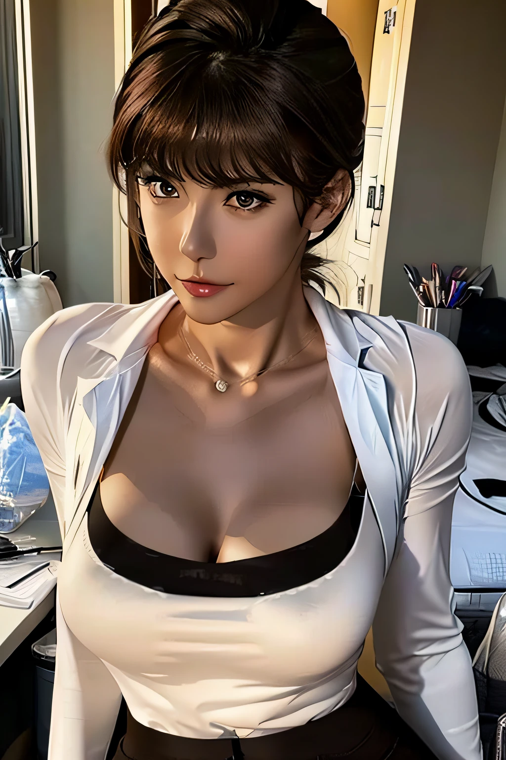 (suit jacket), white shirt, unbuttoned, (black skirt), office, volumetric lighting, cleavage, erotic atmosphere, Masterpiece, Best Quality, High Resolution, shiny skin,  cute girl, realistic,(brown drill hair), nsfw, seductive smile, (from side), (ID card), Strong-minded woman,Commercial photocopier, ((full body)), ((flip up the shirt))