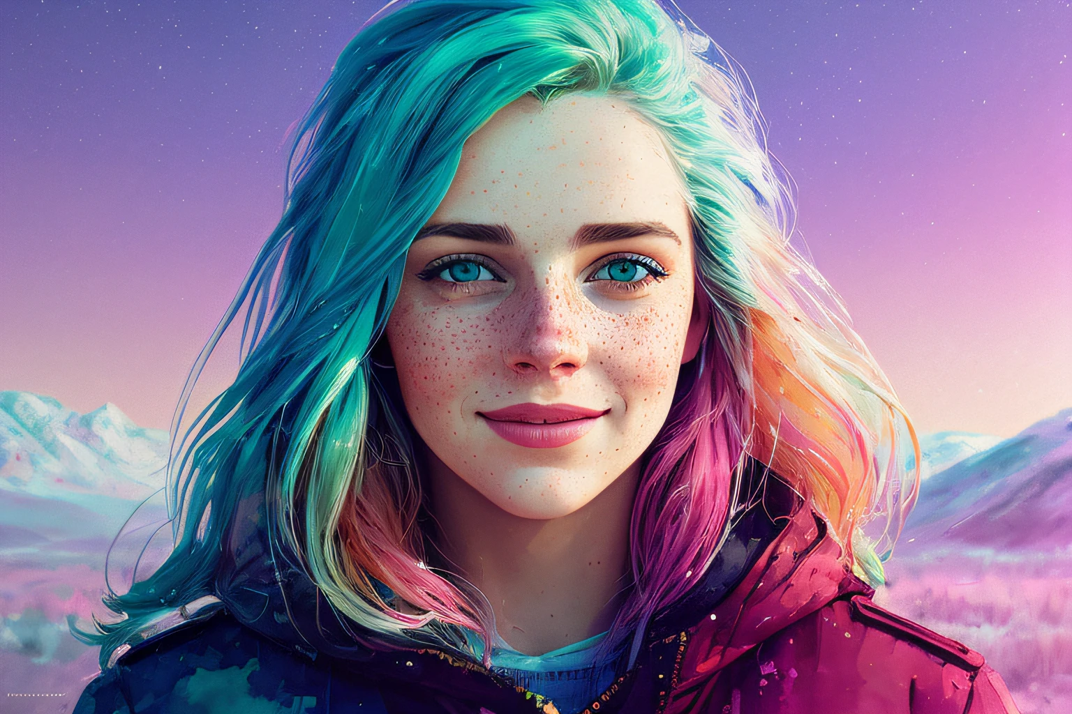 portrait of beautiful smiling woman with some freckles, snow-covered mountain landscape background by ilya kuvshinov and annie leibowitz. synthwave watercolor painting on canvas trending in artstation dramatic lighting abstract expressionism pastel shades tones (hd) golden ratio details aesthetic octane render excellent composition natural textures 8k oil paining masterpiece canon eos r4s 50