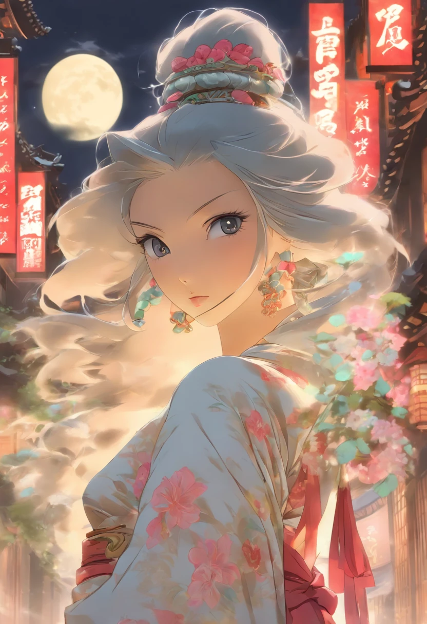 Masterpiece, Best, Night, full moon, 1 female, Mature woman, Chinese style, Ancient China, Sister, Royal Sister, Cold face, Expressionless, Silver white long haired woman, Pale pink lips, calm, Intellectual, tribelt, Grey Eyes, assassins, daggers, flower ball background, Street view