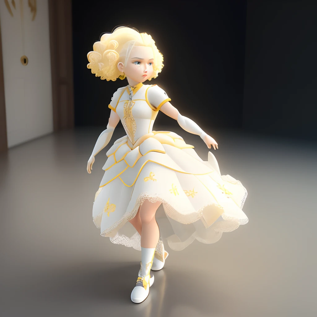 ((masterpiece young)), exquisite hair, arm depiction, white and yellow hair body, exquisite shoes, eye depiction, exquisite hair, popmart blind box, clay texture, stepping on the land, black and white background, natural lighting, most good quality, super detail, 3D art, c4d, OC renderer, 3D rendering, 8k