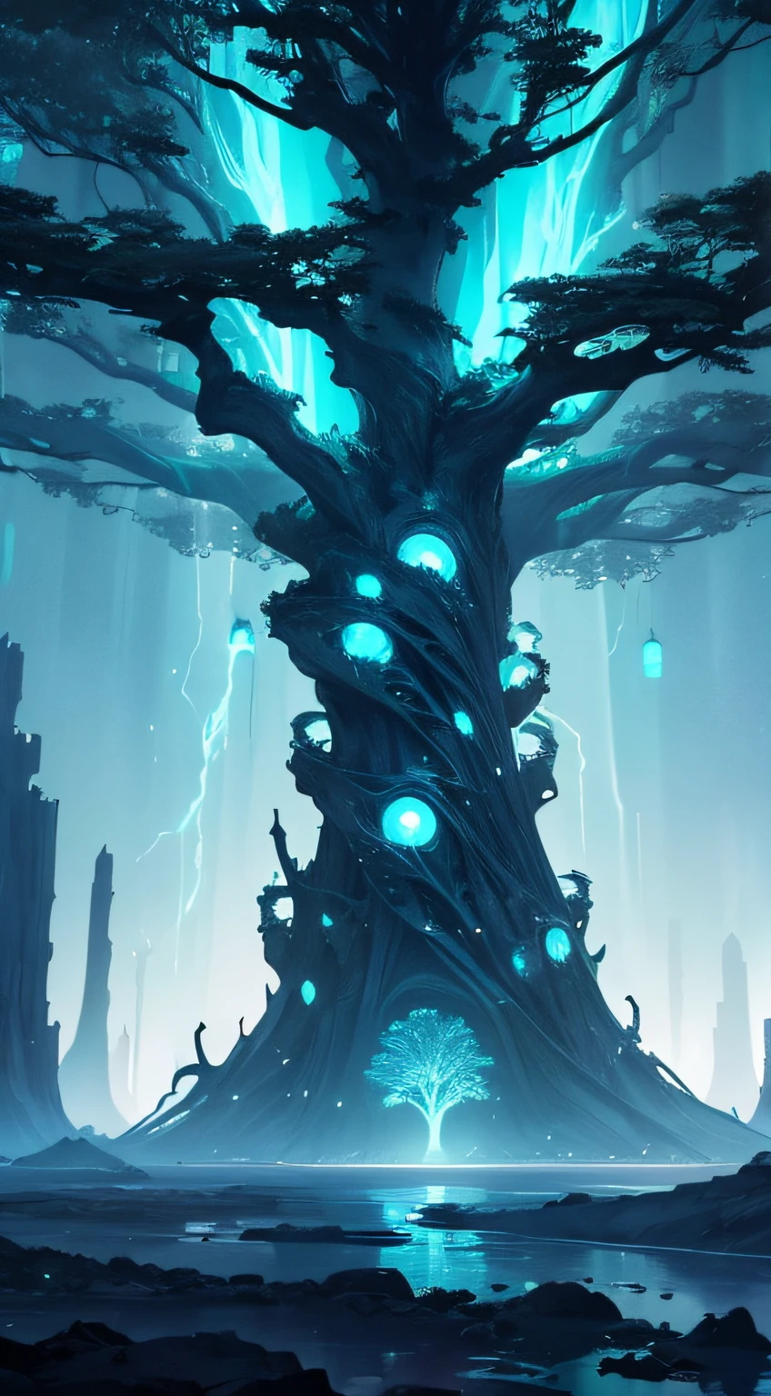 A colossal biomechanical tree stands tall amidst a vast alien landscape, its branches stretching out like twisted tendrils. Radiating soft bioluminescence, it attracts a mesmerizing array of luminescent creatures, casting an eerie glow across the eerily serene scene.