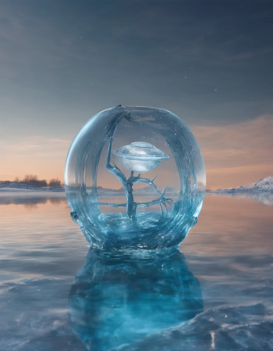 glass transparent apple floating over clear water, winter, blue sky,
