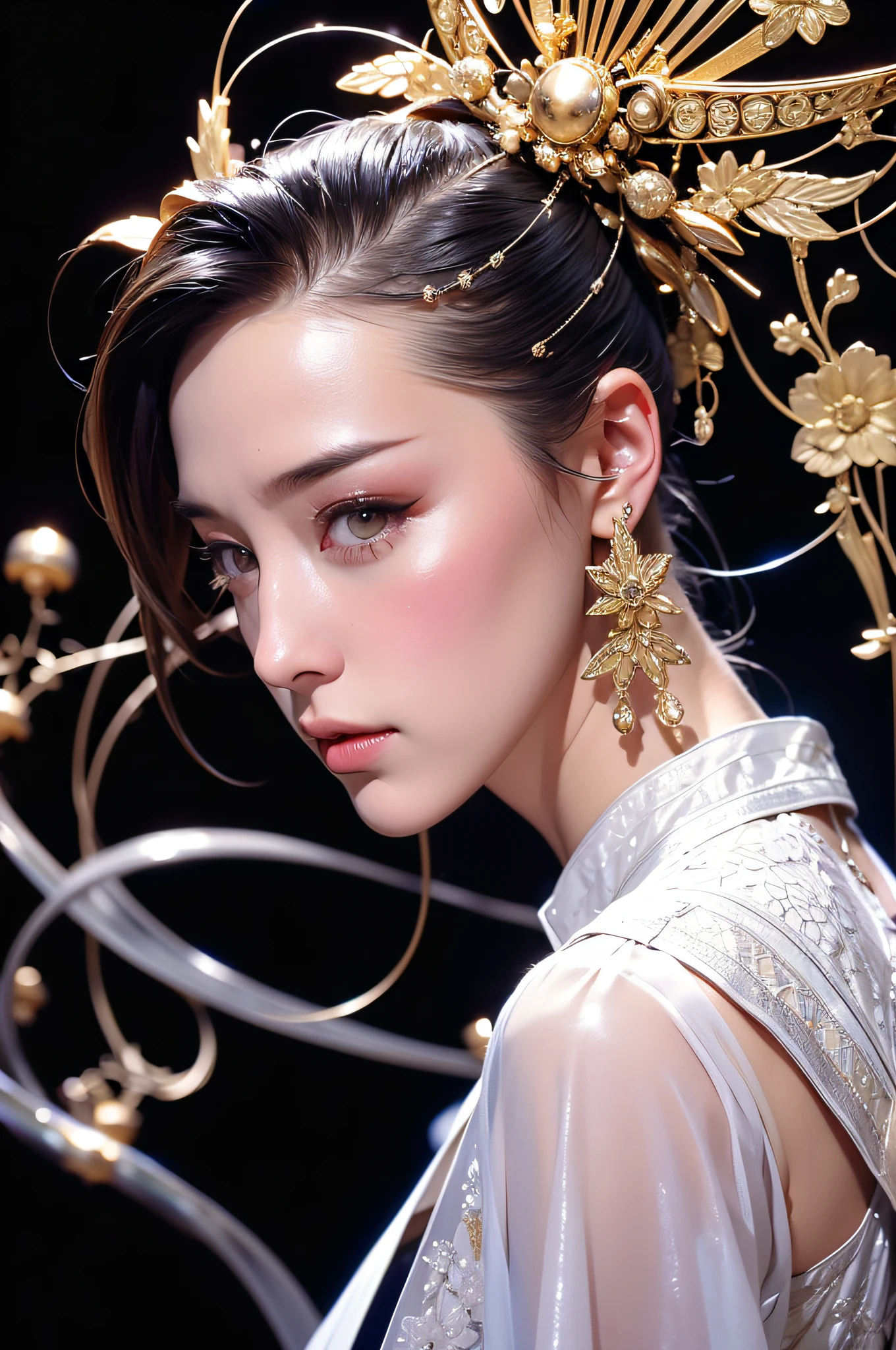 Portrait photo of female android in mid Japan in her 20s made of white and silver clear glass and plastic, geisha make up, Black hairstyle, Silver and gold metal internal body mechanism, Dynamic Pose, Flowing organic structure, Detailed engraving, Lacework Design, Glowing golden circuit, Colorful neon trim, Detailed engraving, Lacework Design, Luminous circuit, neon trim, Art by H.r. giger, Greg Rutowski