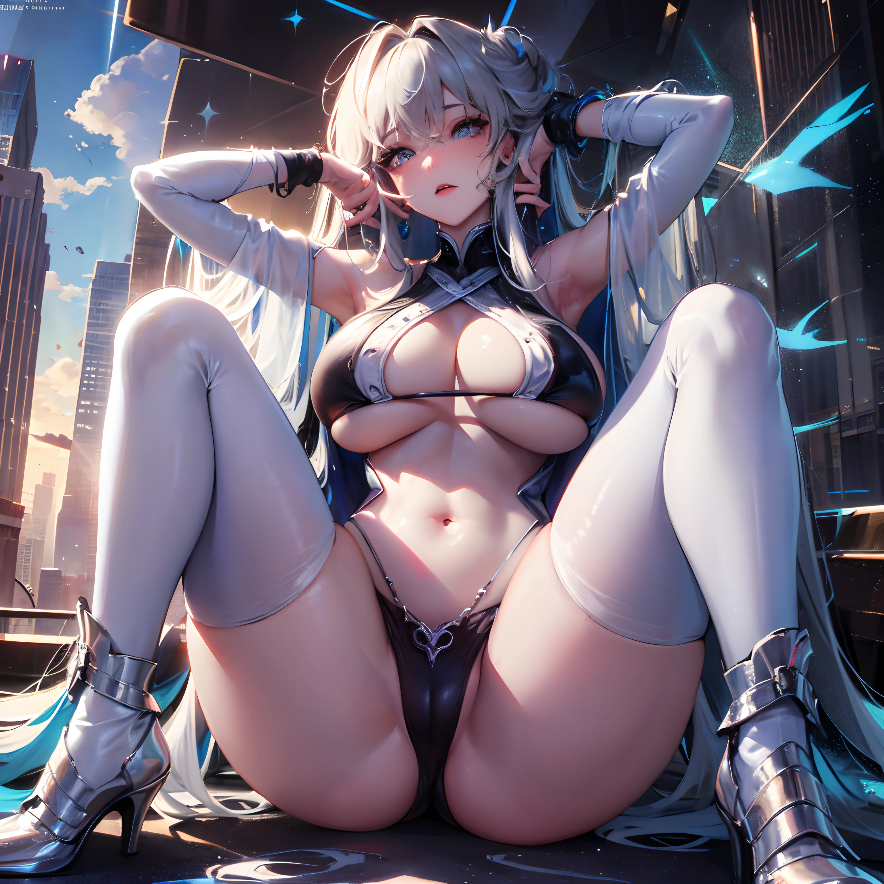 Official fine art,tmasterpiece,Sharp focus,Delicate and beautiful hair and eyes and face,realisticlying,ultra - detailed,woman,blue-sky,Glowing white particles,(side-lighting:1.2),rays of sunshine,baiyun,Detailed clouds,Slender,huge boob,gigantic hip,Long legs,spread their legs,scenecy,Long straight hair,, buliding, (Cityscape:1.7),paleskin, hair adornments, epic landscapes