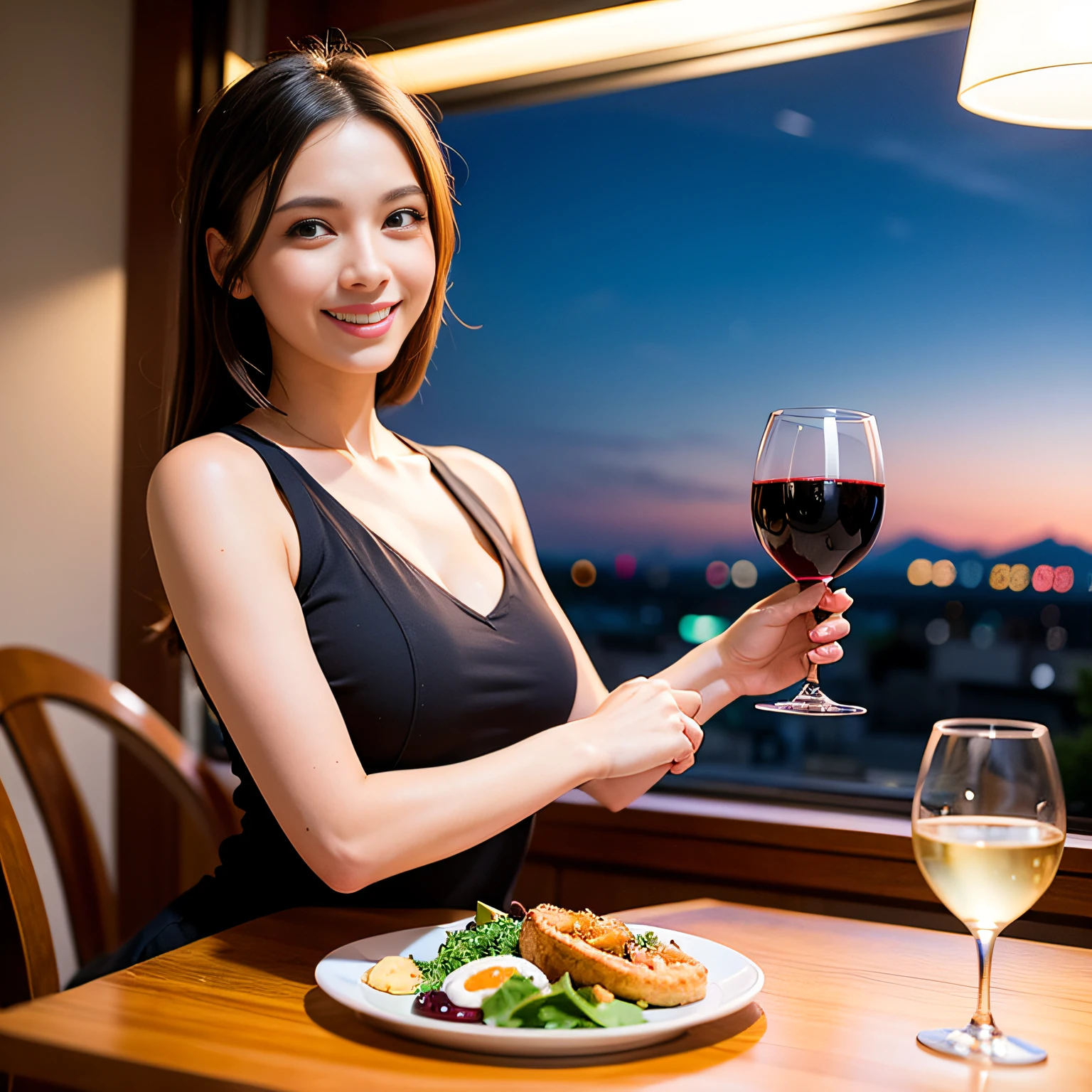 ((Highest quality、、masterpiece:1.3))、1 male、1 female、spouse、Beautiful couple、smile、full-course dinner、 (Slim face), (the body is スリム), (Brown Hair), (Shortcuts), ((Bob Hale、Straight hair:1.2)), テーブルの上のwine glass、Shine light on your face、 Amazing view of the sunset sky and clouds、smileの美しさ、Bright image、Blushing, Shortcuts, (43 years old), 39 years old, Appetizers、Italian food、Wine bottle、Champagne、sparkling wine、Long sleeve shirt、dress、Attractive beauty、restaurant, Nova Frog Style, actress, model, Upper Body, White wine, red wine, wine glass, 