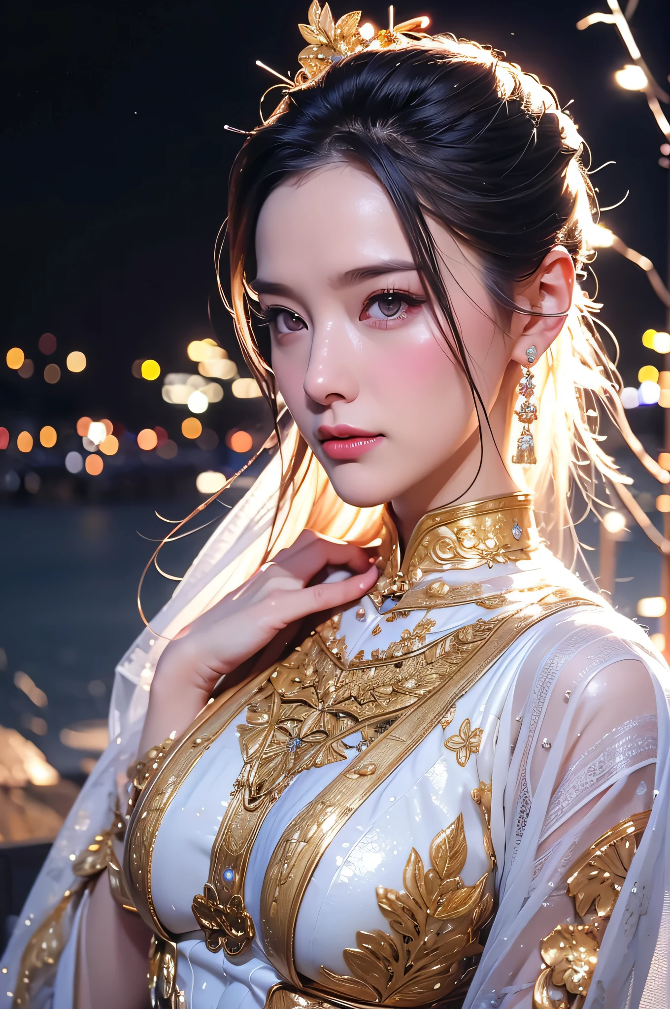 Portrait photo of female android in the middle of Japan in her 20s made of white and silver clear glass and plastic, geisha make up, Black hairstyle, Silver and gold metal internal body mechanism, Dynamic Pose, Flow organic structure, Detailed engraving, Lacework Design, A sparkling golden circuit, Colorful neon trim, Detailed engraving, Lacework Design, Light emitting circuit, neon trim, Art by H.r. giger, Greg Rutowski