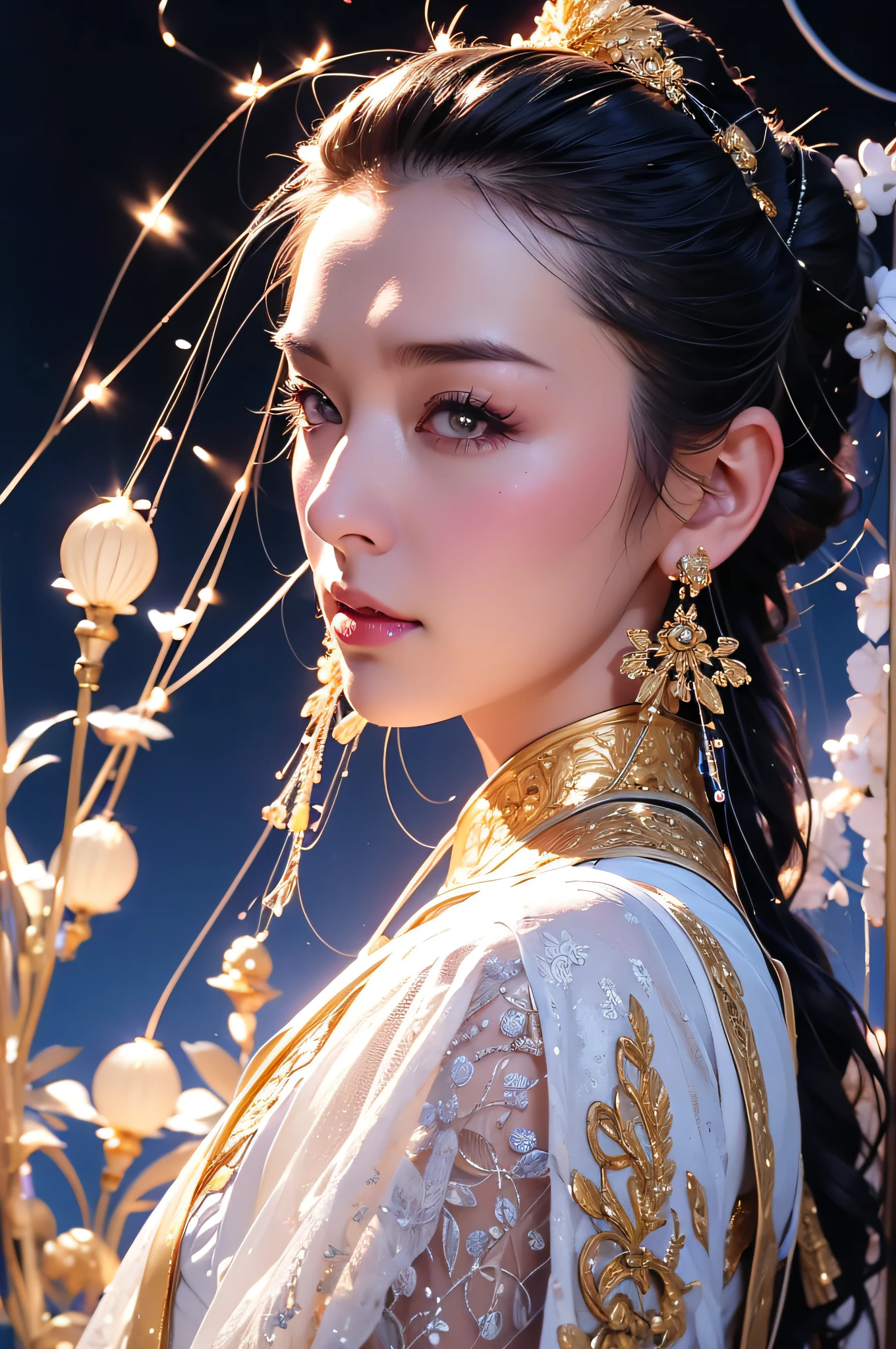 Portrait photo of female android in the middle of Japan in her 20s made of white and silver clear glass and plastic, geisha make up, Black hairstyle, Silver and gold metal internal body mechanism, Dynamic Pose, Flow organic structure, Detailed engraving, Lacework Design, A sparkling golden circuit, Colorful neon trim, Detailed engraving, Lacework Design, Light emitting circuit, neon trim, Art by H.r. giger, Greg Rutowski