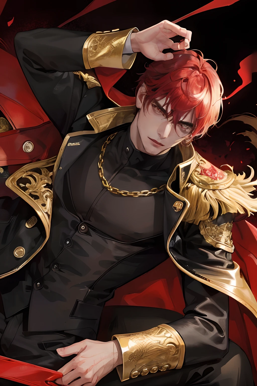 cover for a book, photography of a demon sexy man, a solo man, (((man))), (masculine face), 35 years old, demon, bad boy, (gold eyes), expressive look, red fire hair, (((dark background))), shine hair, unshaven, black suit, long sleve jacket, super detailed face, perfect body, perfect shapes, realistic image, award winning photography, 8k, (((perfect shiny eyes)))