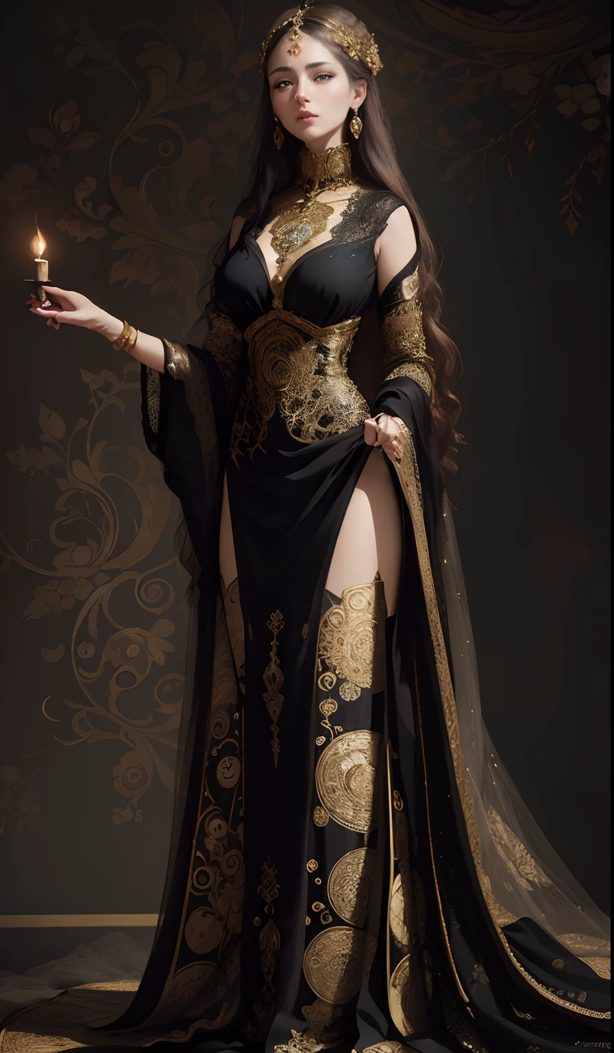 A mesmerizing portrait of a woman, perfect symmetrical eyes, eyes space properly, inspired by the artistry of Gustav Klimt. The woman, her features rendered in hyper-realistic detail, is adorned with intricate patterns and motifs reminiscent of Klimt's iconic style. The lighting is soft and diffused, casting a warm glow on her figure and the ornate decorations. The color palette is rich and vibrant, with a focus on golds and jewel tones, a signature of Klimt's work. The composition is carefully balanced, with the woman centrally positioned in the frame. The image is to be generated with a high-resolution 16k, using a virtual 85mm lens, with a focus on sharpness and depth-of-field