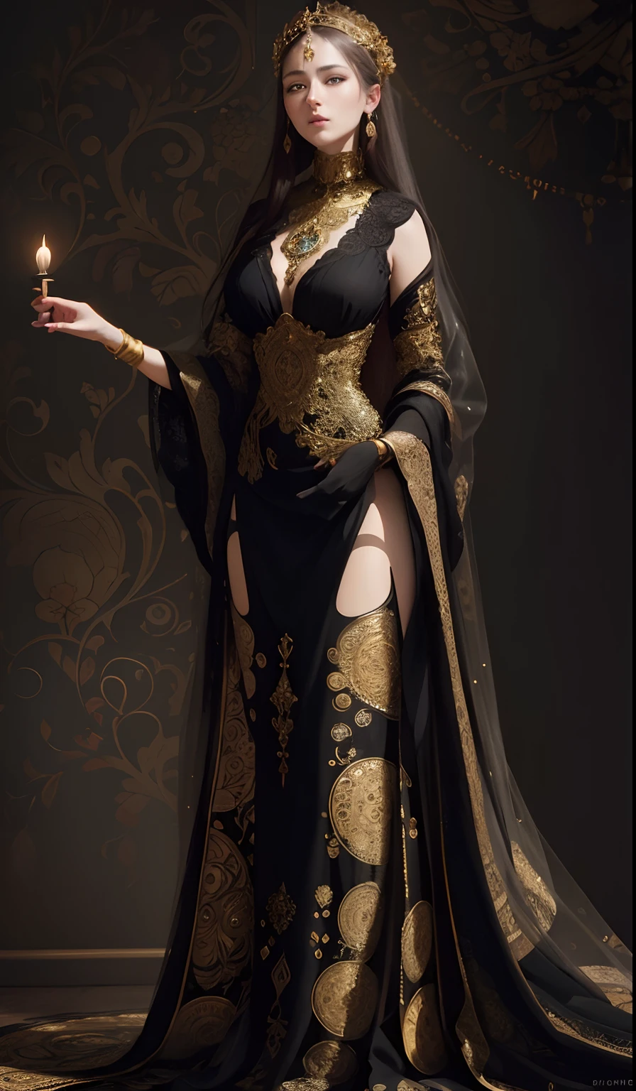 A mesmerizing portrait of a woman, perfect symmetrical eyes, eyes space properly, inspired by the artistry of Gustav Klimt. The woman, her features rendered in hyper-realistic detail, is adorned with intricate patterns and motifs reminiscent of Klimt's iconic style. The lighting is soft and diffused, casting a warm glow on her figure and the ornate decorations. The color palette is rich and vibrant, with a focus on golds and jewel tones, a signature of Klimt's work. The composition is carefully balanced, with the woman centrally positioned in the frame. The image is to be generated with a high-resolution 16k, using a virtual 85mm lens, with a focus on sharpness and depth-of-field