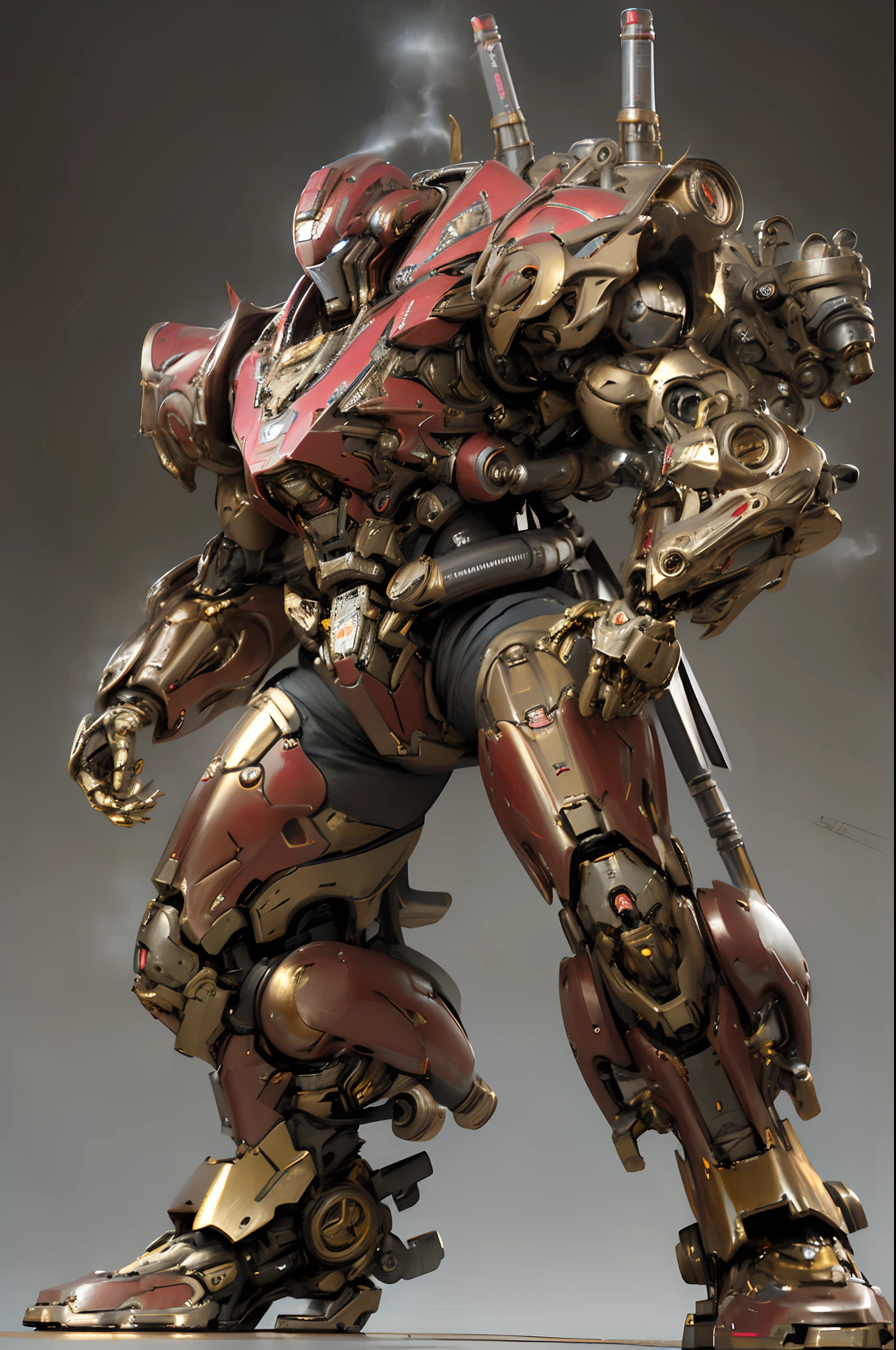 Masterpiece, centered image, front facing, full body portrait photography of ironman wearing futuristic steampunk robotic suit, ((steam engine, steam-mechanical, heavy retro-machine, steam pipes, red and gold color)) red and gold color, hyper realistic, hyper detailed mechanical, clean sharp image, 16K, HD, High Quality