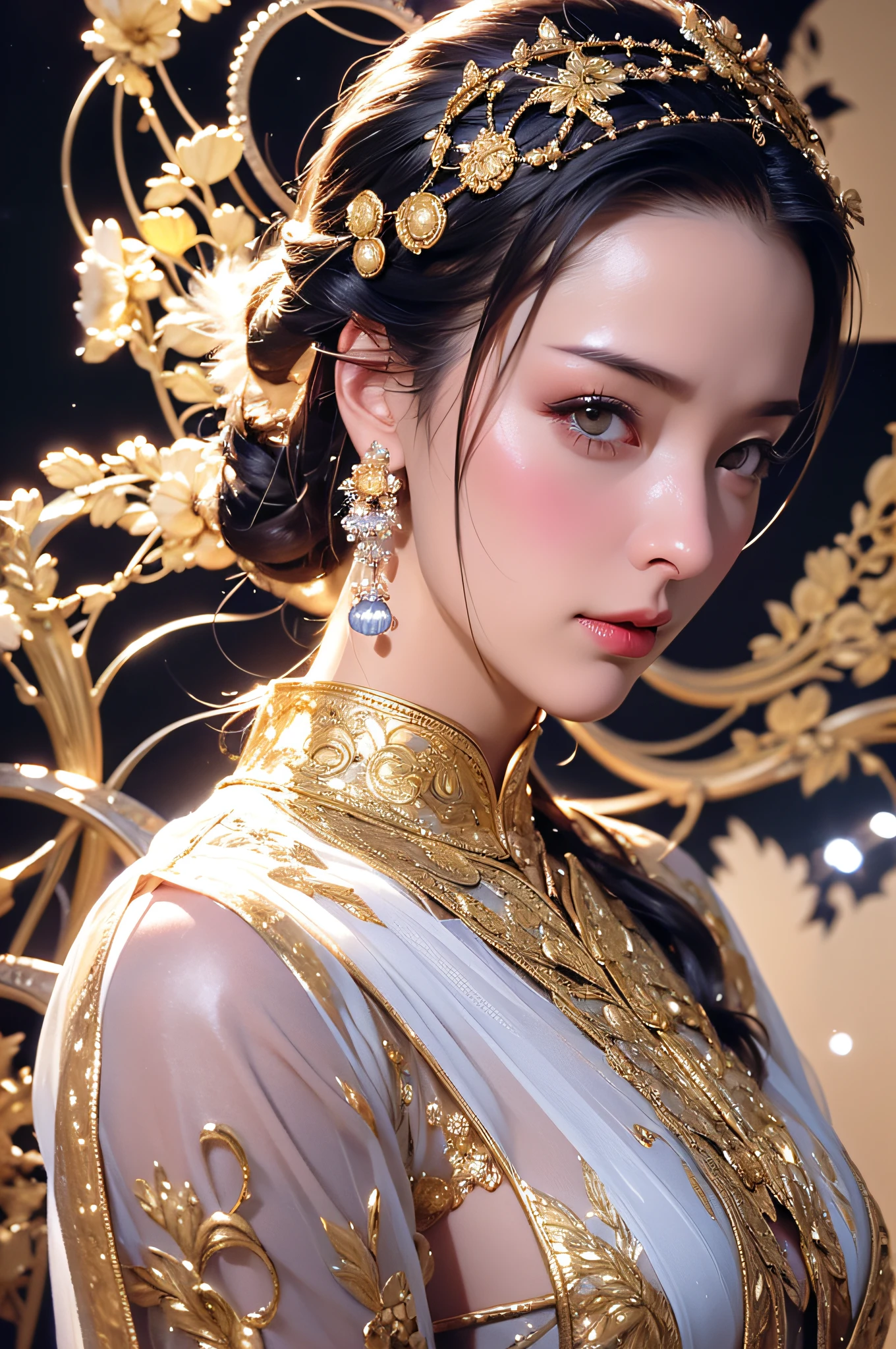Portrait photo of android of woman in the middle of 20s Japan made of white and silver clear glass and plastic, geisha make up, Black hairstyle, Silver and gold metal internal body mechanism, Dynamic Pose, Flow organic structure, Detailed engraving, Lacework Design, A sparkling golden circuit, Colorful neon trim, Detailed engraving, Lacework Design, Light emitting circuit, neon trim, Art by H.r. giger, Greg Rutowski