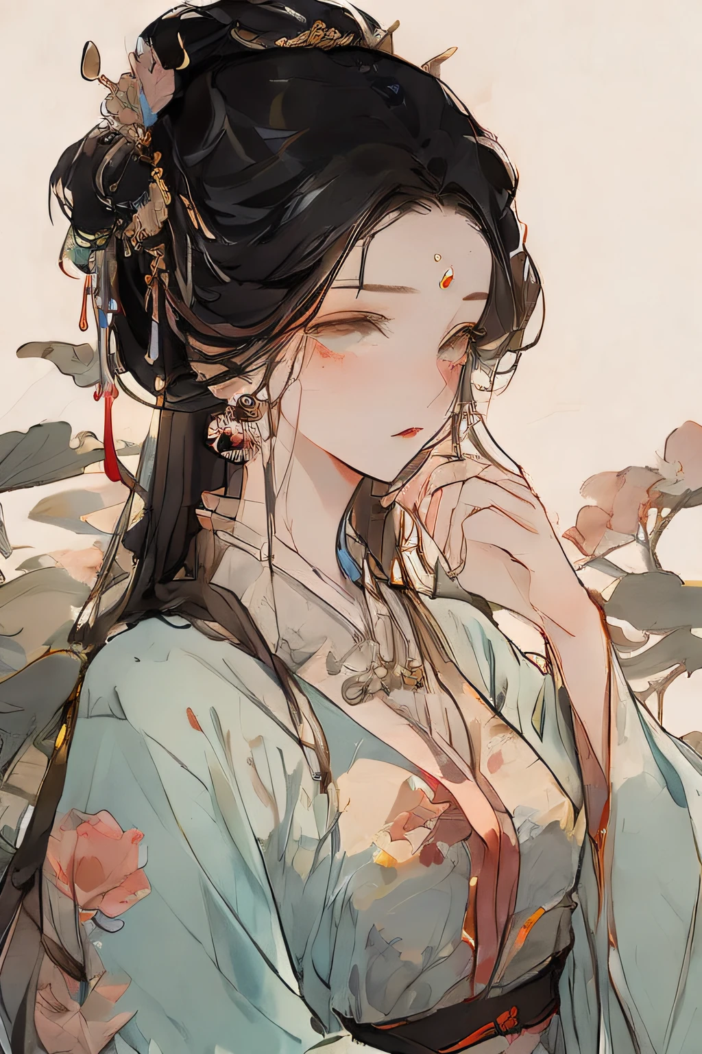 Ancient Chinese beauties sit on stones，Chinese Buddhist background，fenghuang，wearing ancient Chinese costume，Flowing tulle，Light silk，Lazy posture，Ink painting style，clean color，Decisive cut，Leave white space，impressionistic，tmasterpiece，ultra-detailliert，Epic composition, high qulity, HighestQuali, 4K --v 6