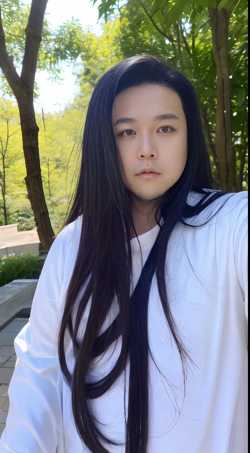 of a guy，long whitr hair，Black hair，Handsome，Deep eyes，full bodyesbian，Wear Hanfu，Black Hanfu，Black Buhan followed，Ancient wind，Contour light，The background is blurred out