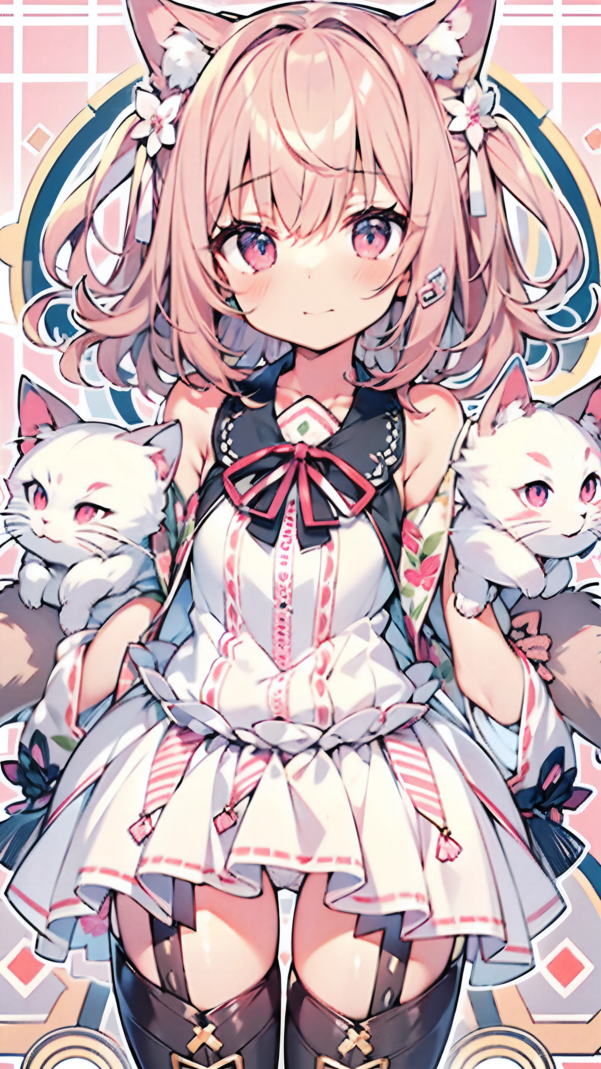 Cute girl with cat ears、Japan anime style、Moe、(full body2.0)、(1 person only 2.1)、(No background 1.8)、Authentic and highly detailed body、小柄、girl with、childish、10yaers old、length hair、bangss、A pink-haired、Authentic and highly detailed face、beautiful eyes that are authentic and highly detailed,、 Authentic and very delicate arms and hands、Authentic and highly detailed human hands(5 fingers)、The most beautiful girl in the world、Delicate and beautiful pink cat eyes、Authentic skin texture、Plain clothe、ta、a miniskirt、(Authentic and highly detailed kneehigh pink socks 2.7)、(Authentic and highly detailed long boots 1.5)